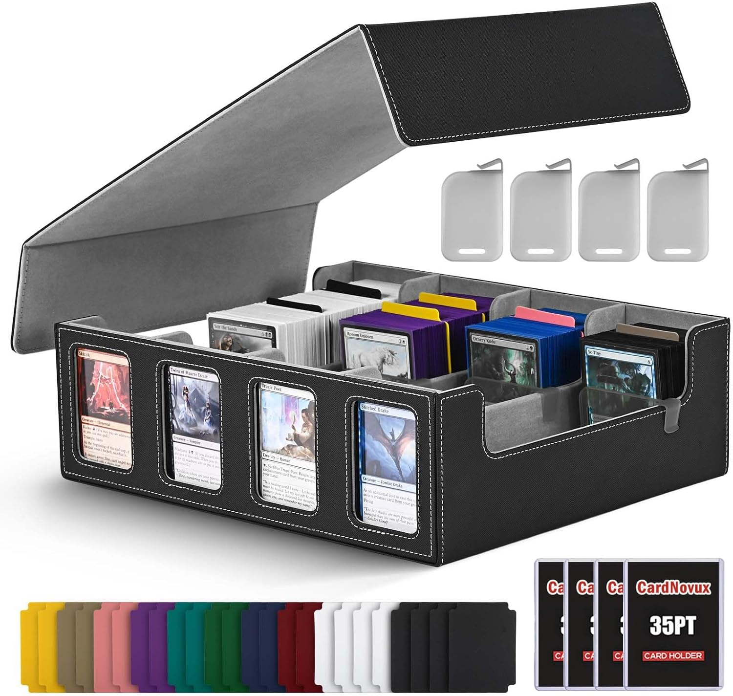 Cardnovux Trading Card Storage Box with Commander Display; 2400+ Deck Box for MTG with Removable Cover; Toploader Card Case Fits Magic TCG PTCG Sports Cards; 24 Dividers, 4 Stoppers (Black & Grey)