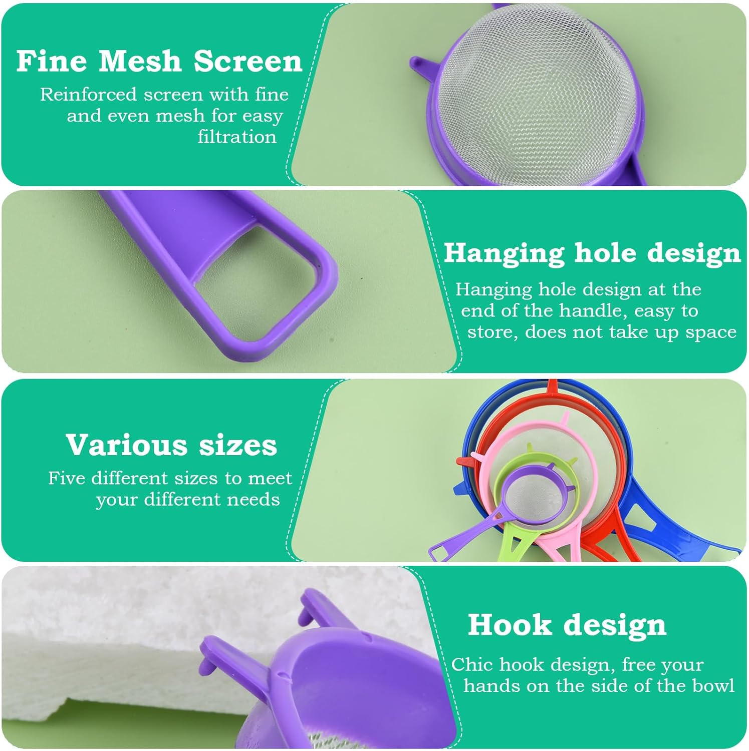 Pack of 5 Kitchen Strainers, Fine Mesh Plastic Strainer, Nylon Sieve with Stirrer, Flour Sieve for Tea, Rice, Fruit, Vegetables, Juice, Milk, Coffee, 6/8/12/15/17 Cm image number 6