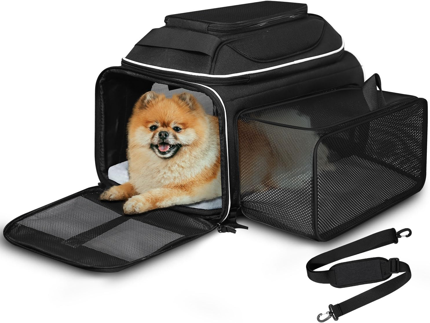 Petskd Top and Side Expandable Pet Carrier 17X11X9.5 Southwest Alaska Airline Approved, Soft Small Dog Cat Carrier for 1-10 LBS Pets with Locking Safety Zipper and Anti-Scratch Mesh(Black)