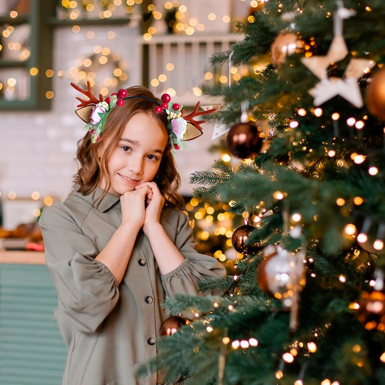 Christmas Antlers Headband, Reindeer Ears Headband, Antlers Floral Hair Band for Christmas Party, Christmas Hair Band, Christmas Party Headpiece for Women Girls, Christmas Party Festival image number 5