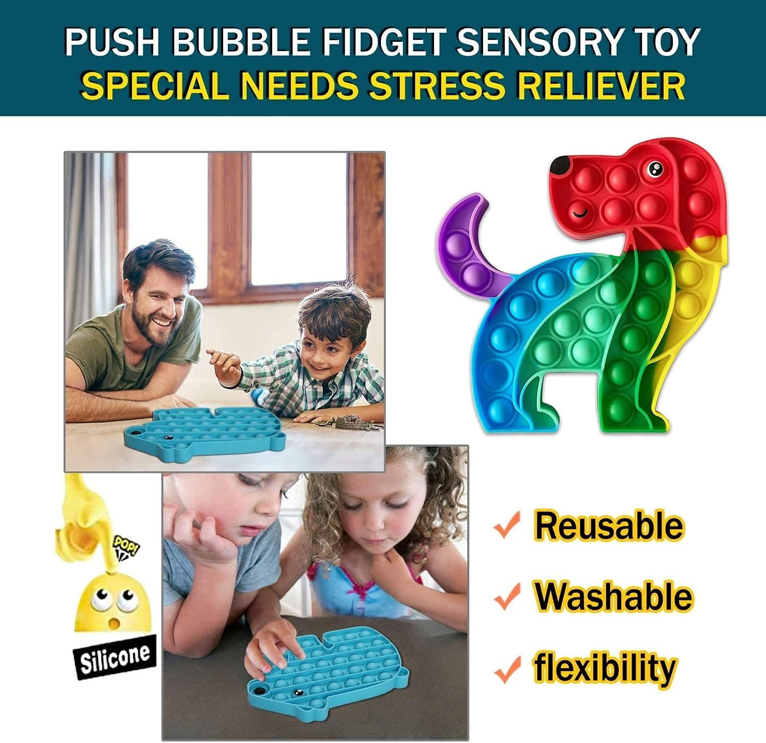 Cute Animal Dog Push Pop up Its Bubble Sensory Fidget Toys, Autism Special Needs Stress Relief Silicone Pressure Relieving Toys for Kids Children Adults (Rainbow Dog) image number 5