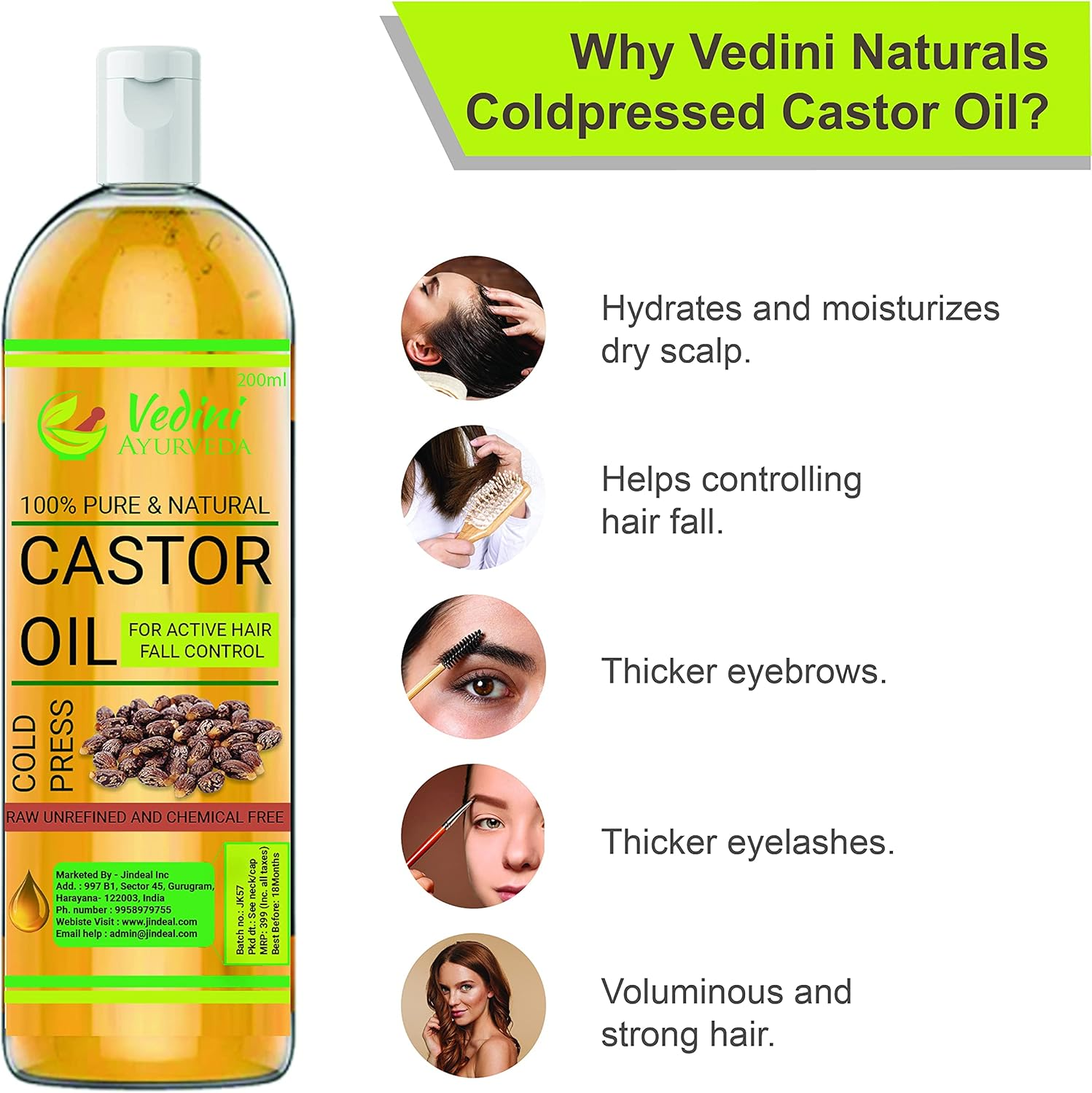 Vedini? Premium Cold Pressed Castor Oil - Pure & Virgin Grade - for Healthy Hair and Skin (200Ml) image number 1