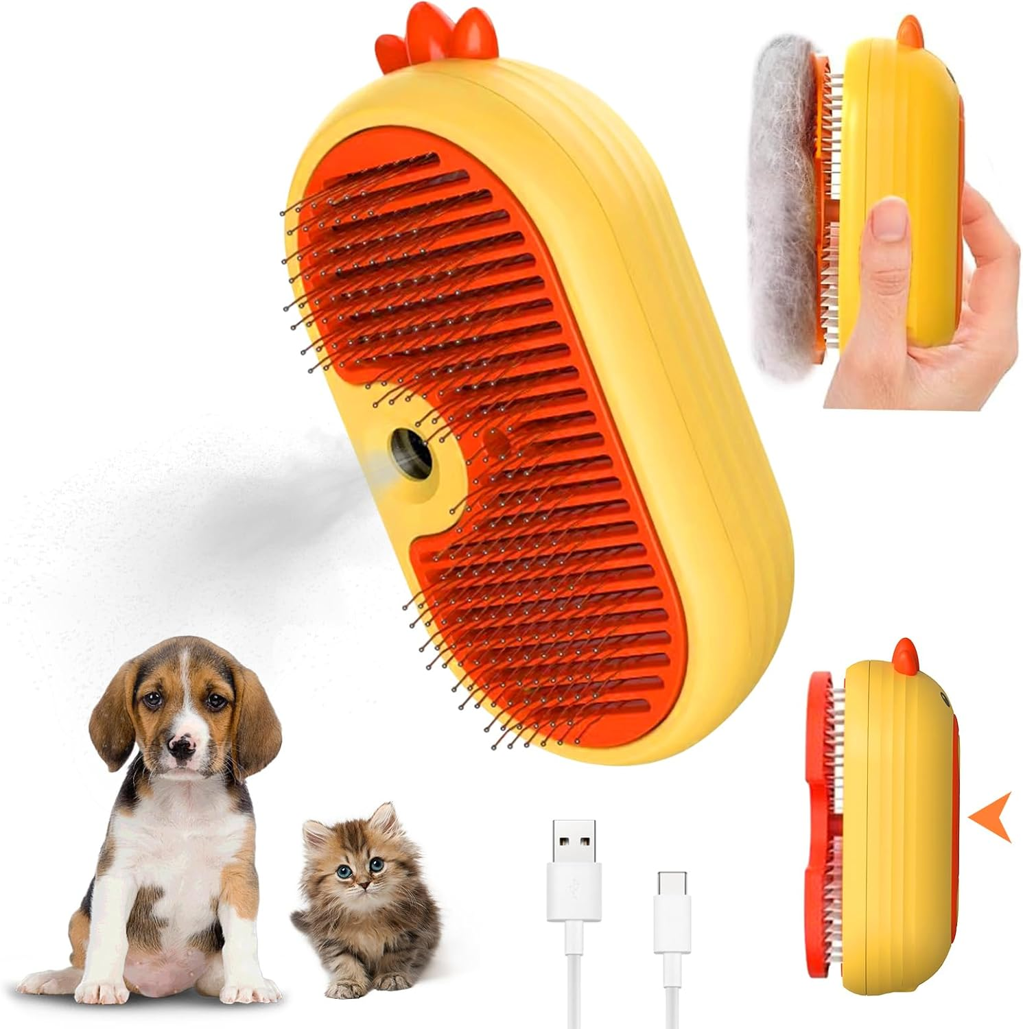 Cat Brush with Steam, 4-In-1 Steam Brush Cat, Steamer Brush Cat for Long Hair and Short Hair, Cat Brush with Water Tank, Clean Pet Hair from the Brush with One Button (Yellow) image number 1