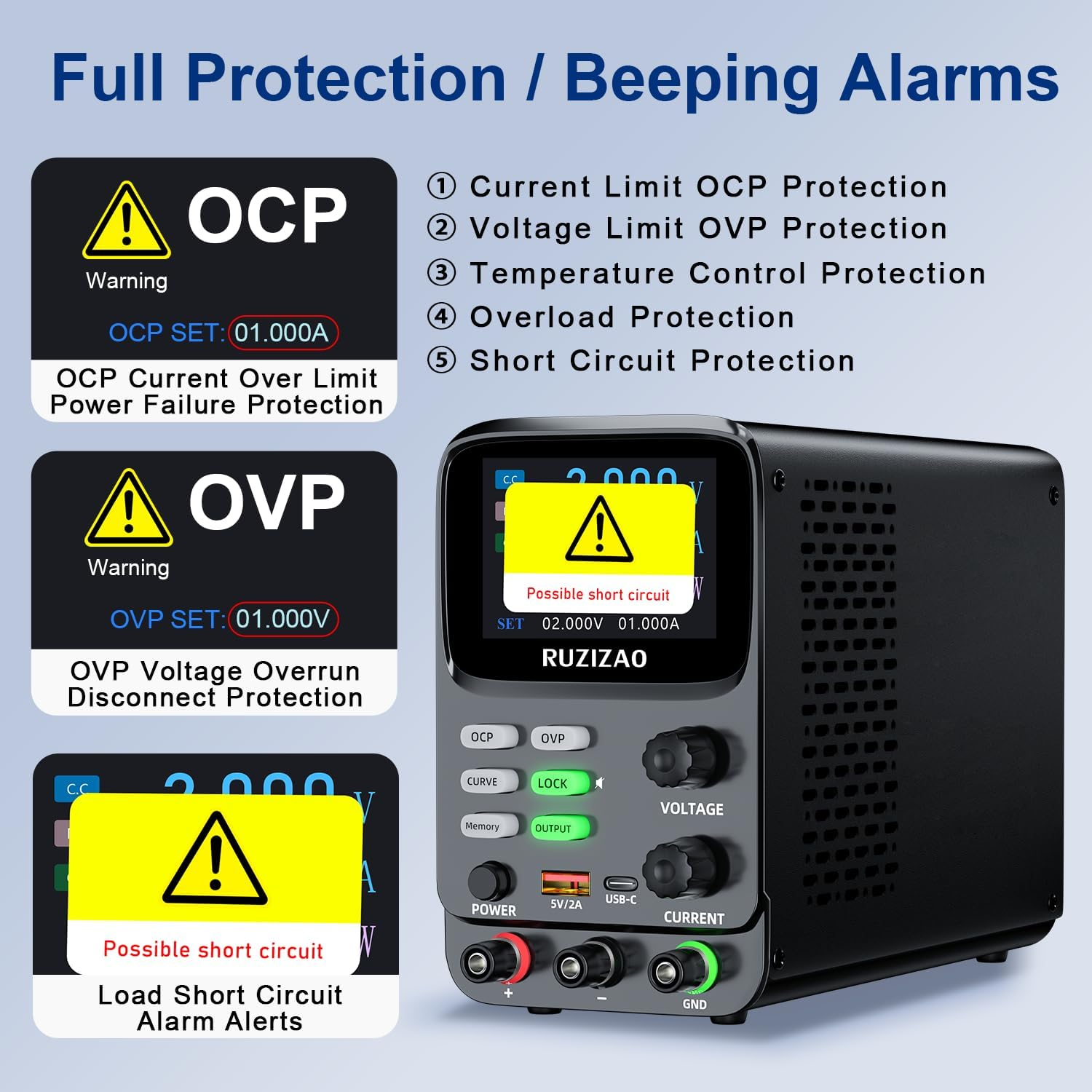 DC Power Supply Variable 30V 10A,5 Digit TFT Display Milliamp Current Display Curve Hyperbolic Encoder Bench Power Supply with OCP/OVP Storage Function Power Supplies Suitable(Ac 220V)