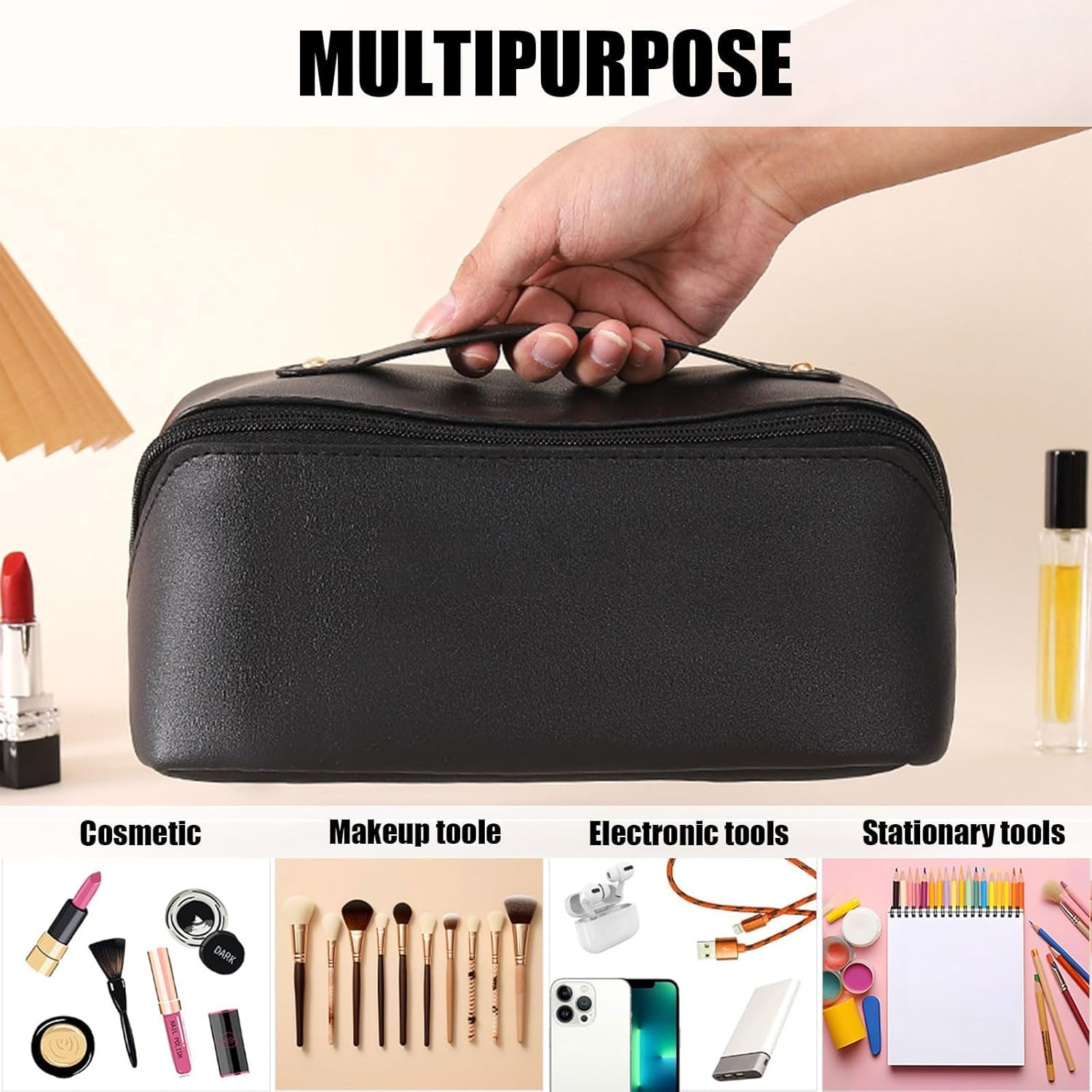 Yxvyxymyxxg​ Large Cosmetic Bag Travel Organizer - Waterproof PU Makeup Case with Multiple Compartments & Handle, Zipper Toiletry Bag for Women, Girls image number 1