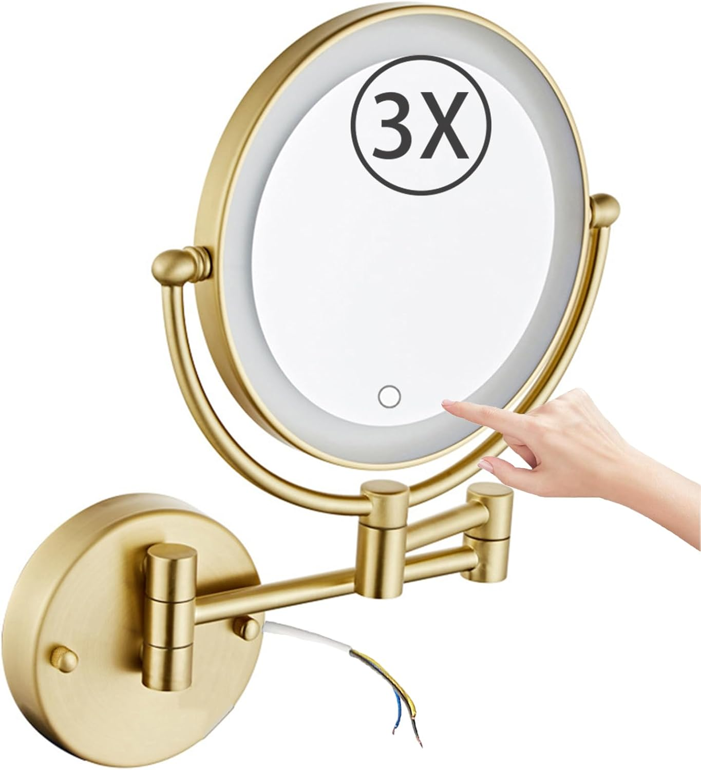 8" Wall Mounted Lighted Makeup Mirror, Stepless Dimming Hardwired Magnifying Vanity Mirror, Extendable LED Bathroom Shaving Mirror,Chrome,7X