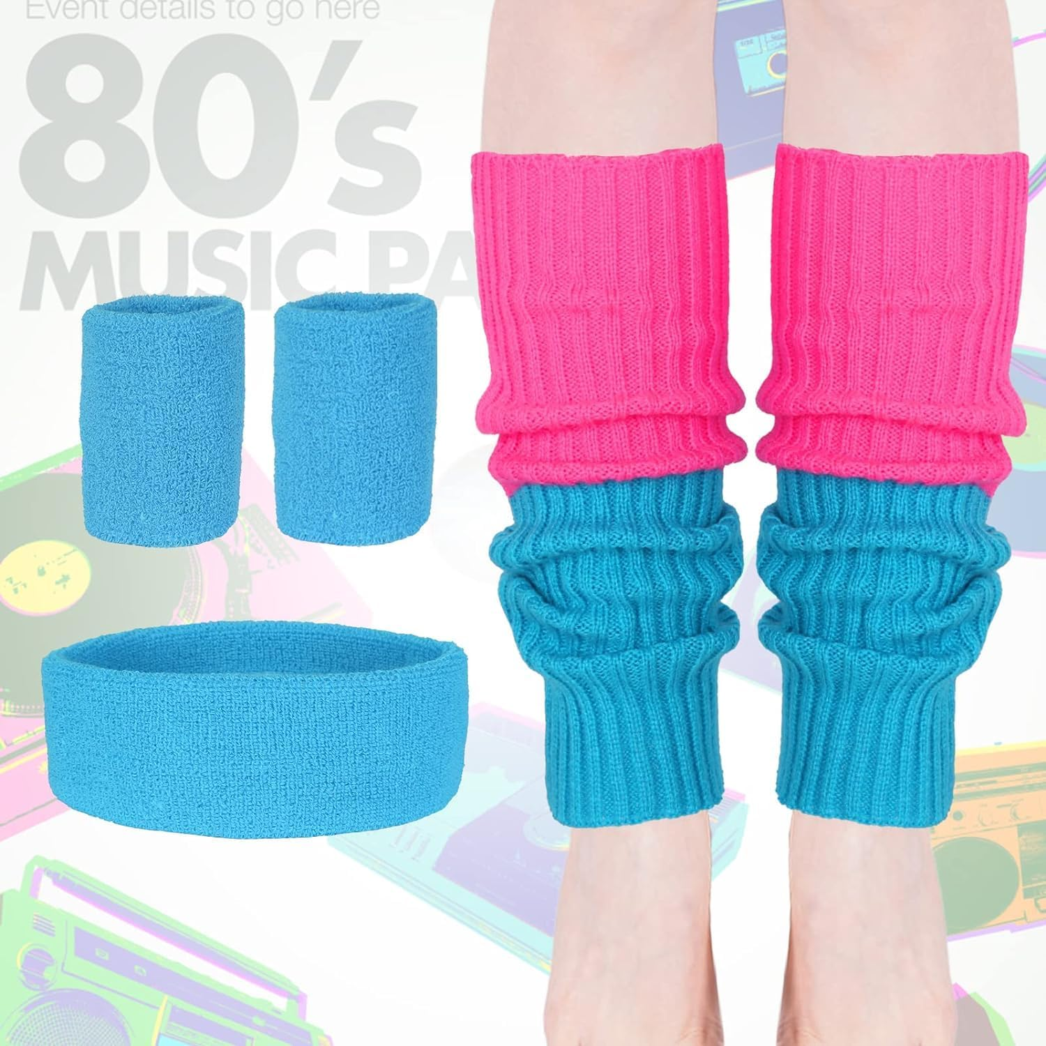 80S Costume Women 70S 90S Tracksuit Theme Neon Party Accessories Workout Outfit Clothes Women,Leg Warmer,Wristbands,Headband Halloween Cosplay image number 6