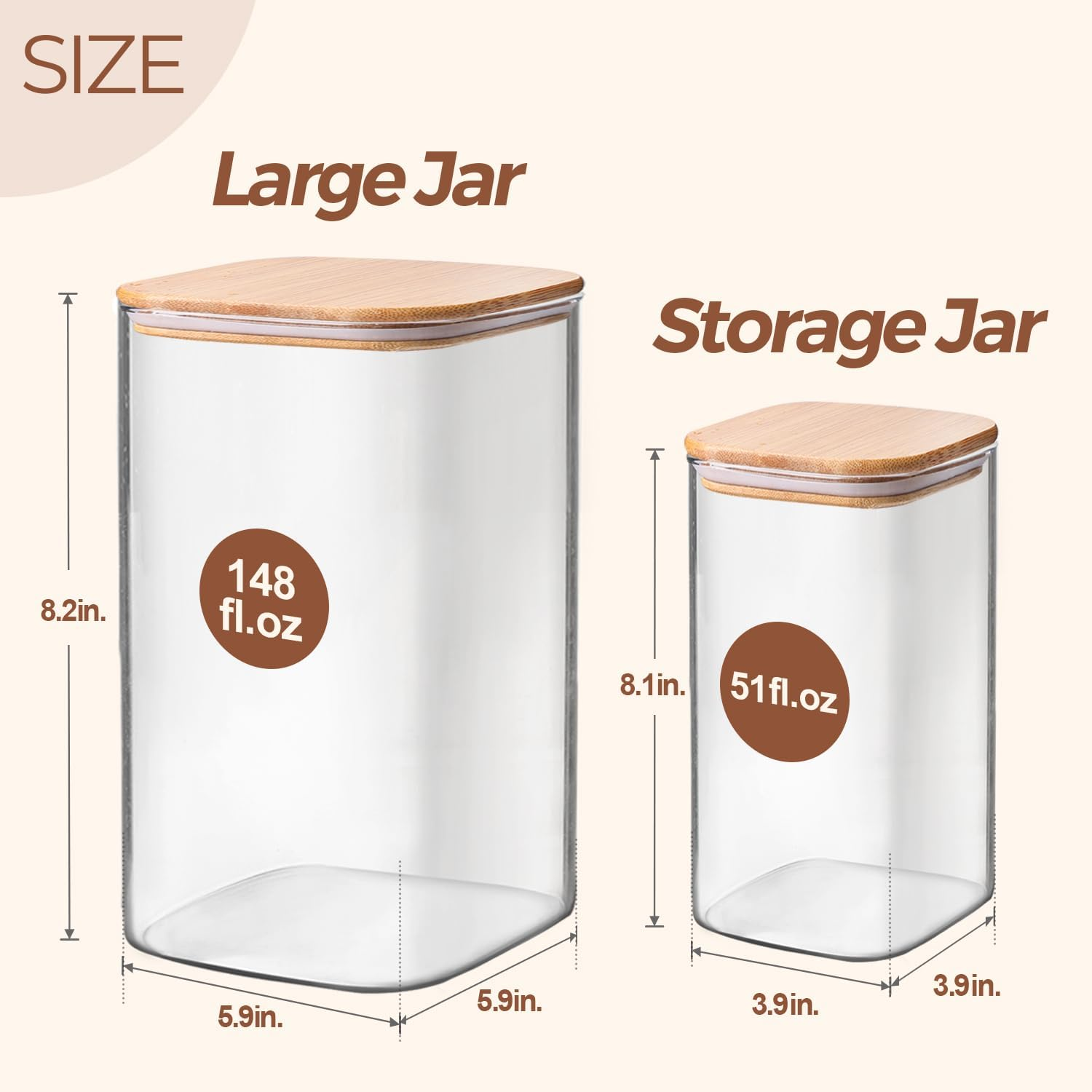 Comsaf Glass Pantry Storage Containers, 4350/1500Ml Large Square Flour and Sugar Containers with Airtight Lids, Gallon Glass Jars with Bamboo Lids for Cereal, Rice, Pasta, Cookies, Coffee Beans image number 1