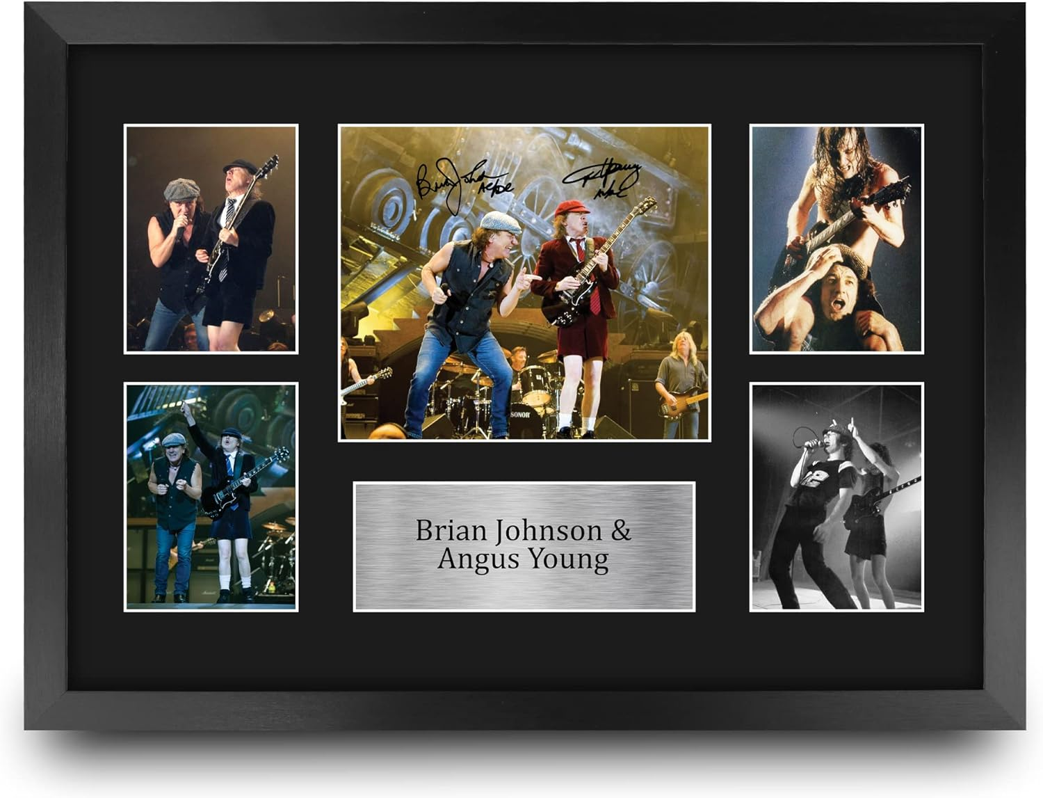 HWC Trading A3 FR ACDC Rock Music Malcolm Angus Young Brian Johnson Gifts Signed Autograph Picture with a Gold Disc Image Print for Music Memorabilia Fans - A3 Framed