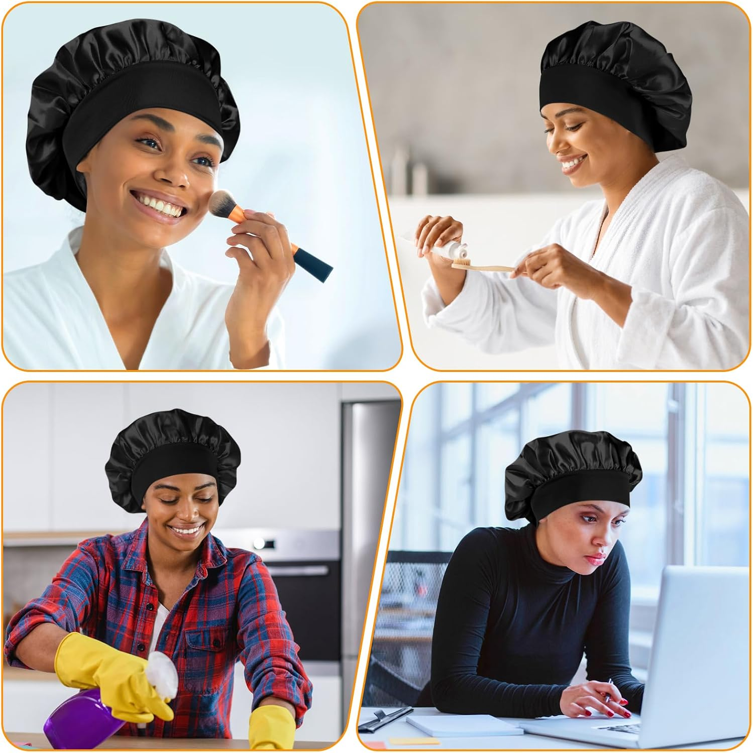 [2 Pcs]Satin Bonnet Silk Hair Bonnet with Wide Elastic Band, Hair Bonnet Silk Hair Wrap for Sleeping, Soft Head Cover Sleeping Hat Night Sleep Cap for Women Men Curly Hair - Black+Red image number 5