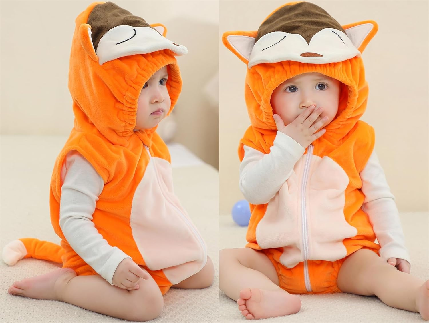 Sleeveless Unisex Baby Animals Hooded Romper for Christmas Halloween Outfits,Toddler Zip up Cosplay Costume Jumpsuit image number 4