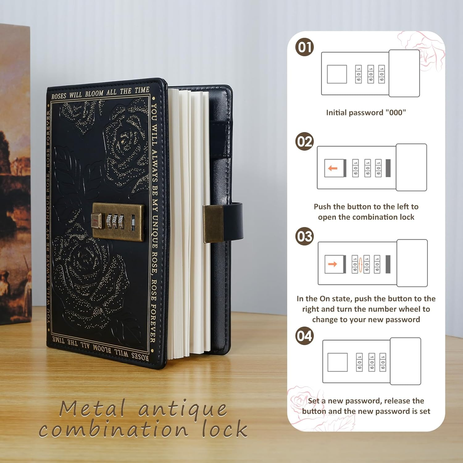 UKQRRTC PU Leather Cover Lockable Journal, Travel Journal, Vintage Locking Notebook, 224 Pages Thick Personal Locking Diary with Combination Passwords for Student Office Staff (Black) image number 5