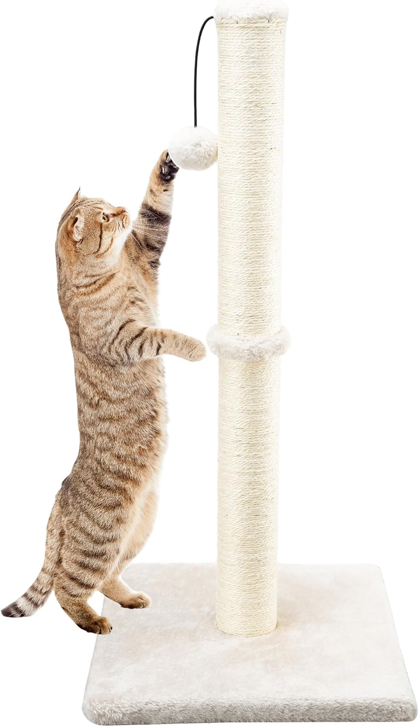 Dimaka 29" Height Tall Cat Scratching Post, Claw Scratcher with Sisal Rope and Covered with Soft Smooth Plush, Vertical Scratch [Full Strectch] for Standard Size Cats. (Beige)