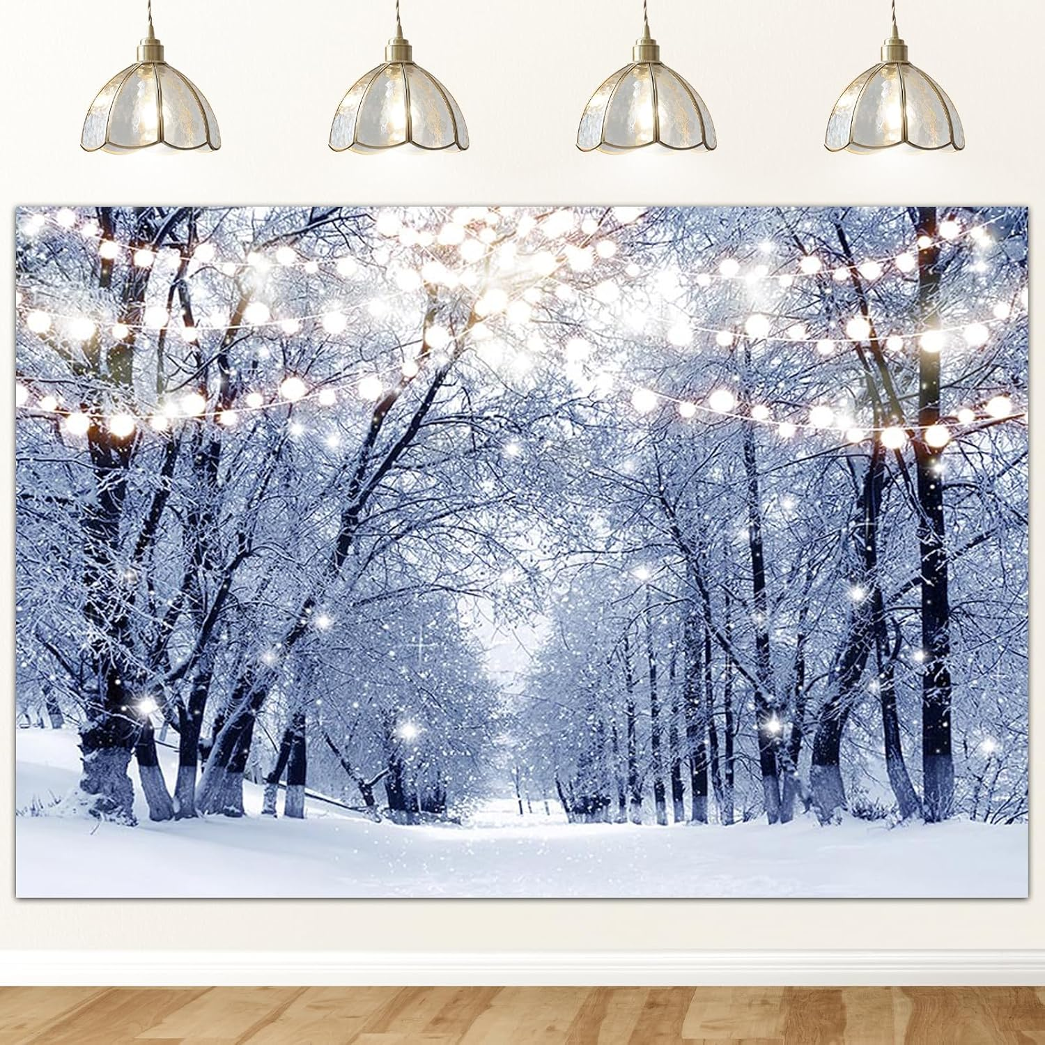 Mocsicka Winter Christmas Backdrop Snow Forest Glitter Lights Path Photo Background 7X5Ft Snowfall Bokeh Winter Frozen Snow Scene Backdrops for Children Kids Photo Booth Props image number 2