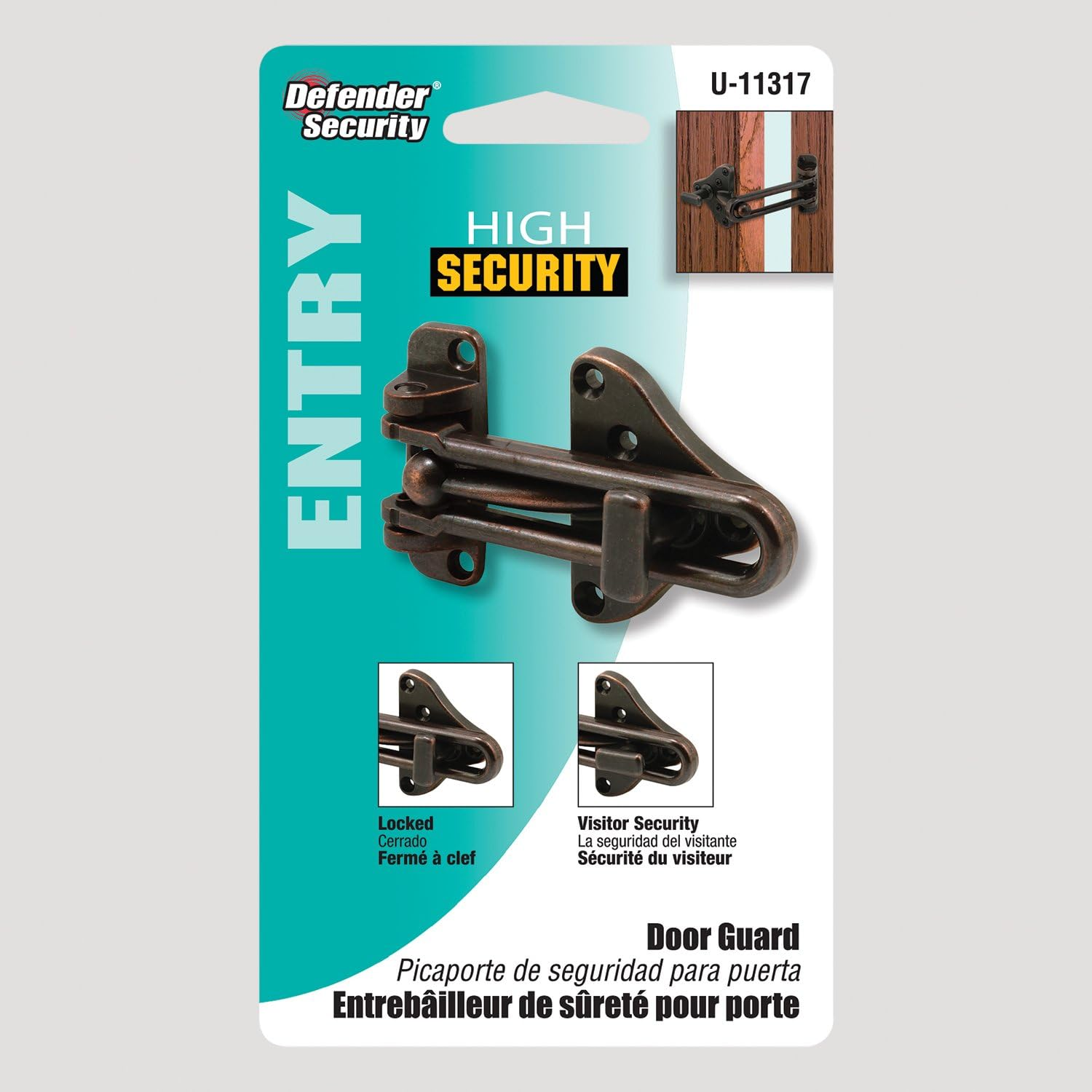 Prime-Line U 11317 Hinged Bar Lock, 3-7/8 In., High Security Door Guard, Diecast Zinc, Classic Bronze Plated Finish (Single Pack)