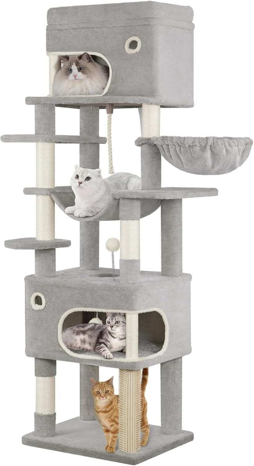 Hzuaneri 178Cm Cat Tree for Indoor Cats, Multi-Layer Scratching Post with Large Platform, 2 Caves, 7 Sisal Posts, Pompoms, Cat Basket, Hammock, Suitable for Cats, Light Grey MS17818LG