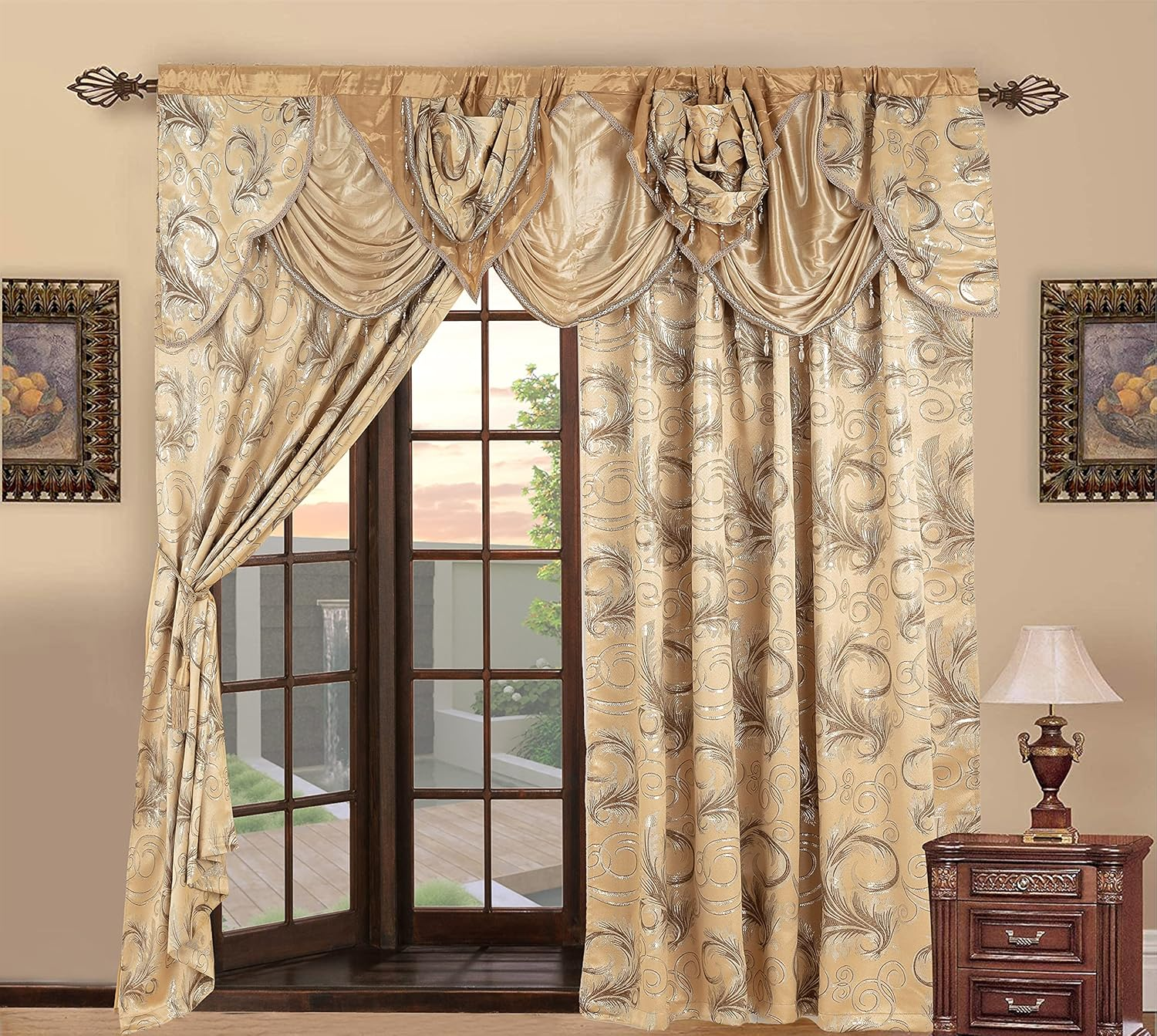 Golden Linen Jana Collection 2Pc Curtain Set with Attached Valance and Backing 55"X84" Each, Polyester & Polyester Blend, Taupe, 2 Panels of 55" X 84" Each image number 2