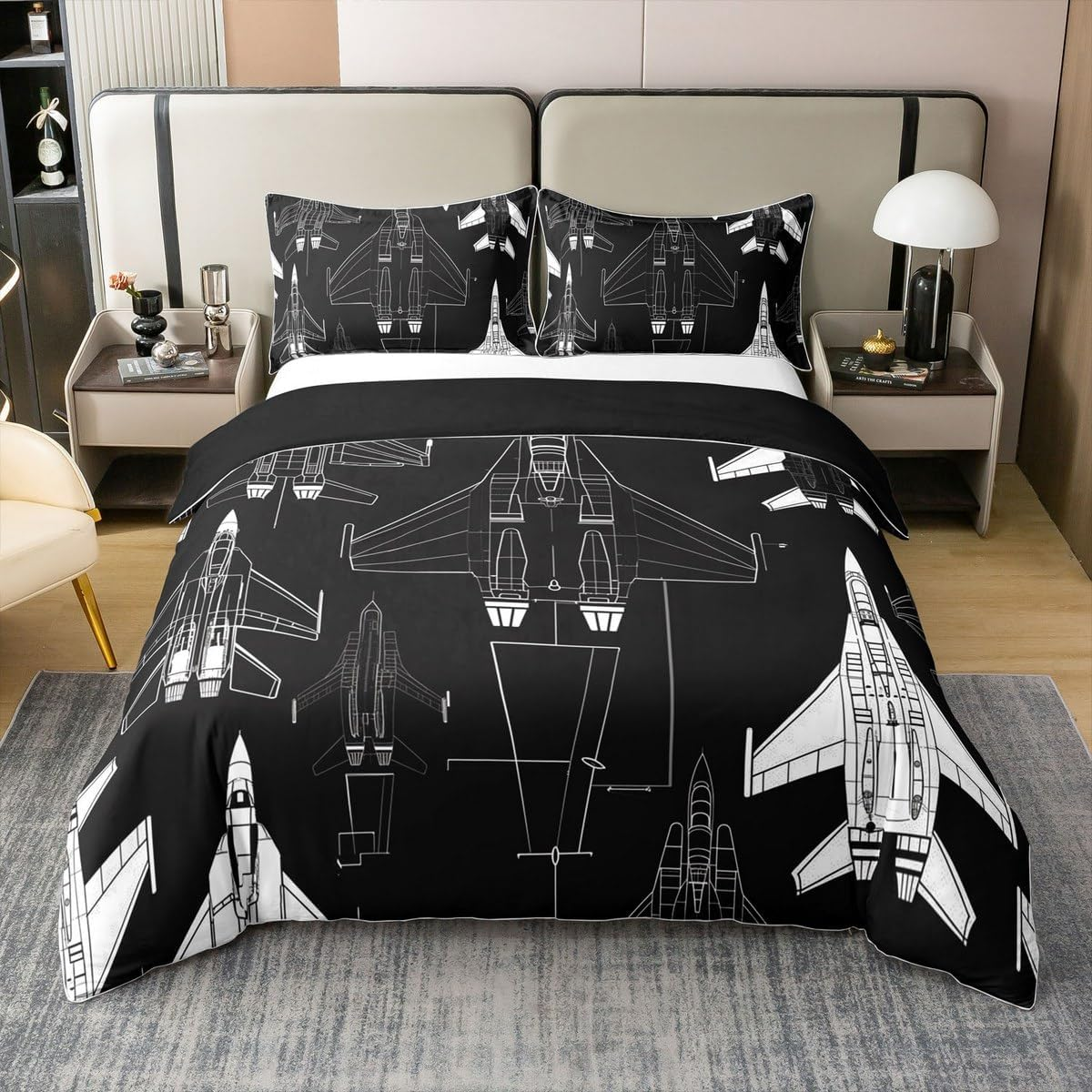 Homewish Aeroplane 100% Cotton Bed Linen Set, Black and White Aeroplane Duvet Cover 135 X 200 Cm for Children, Teens, Adults, Aeroplane Comforter Cover, Transport Bed Set with 1 Pillowcase for Room image number 2