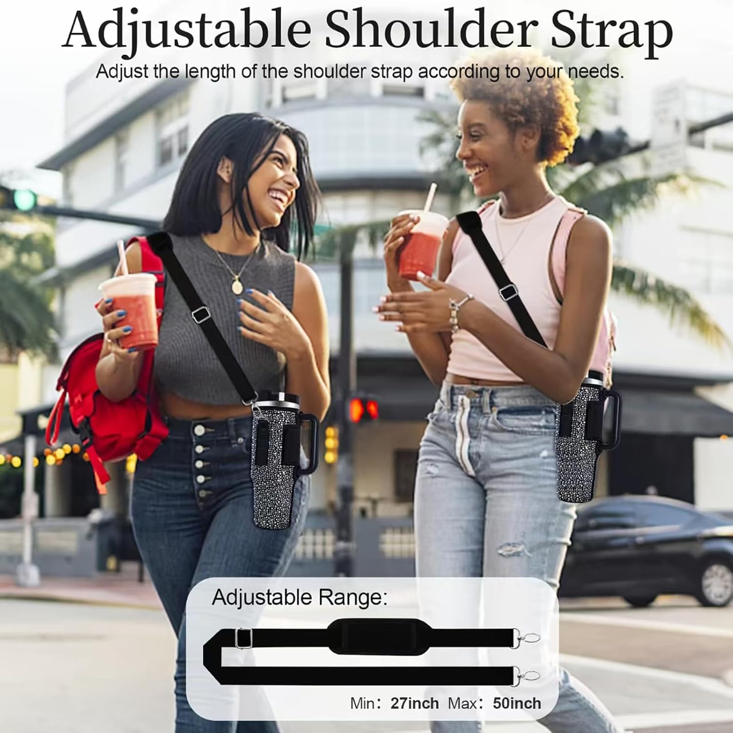 Bling Water Bottle Carrier Bag for Stanley Quencher H2.0 & Adventure 40 Oz Tumbler with Handle, Neoprene Water Bottle Holder with Adjustable Strap for Stanley Cup Accessories (Black)