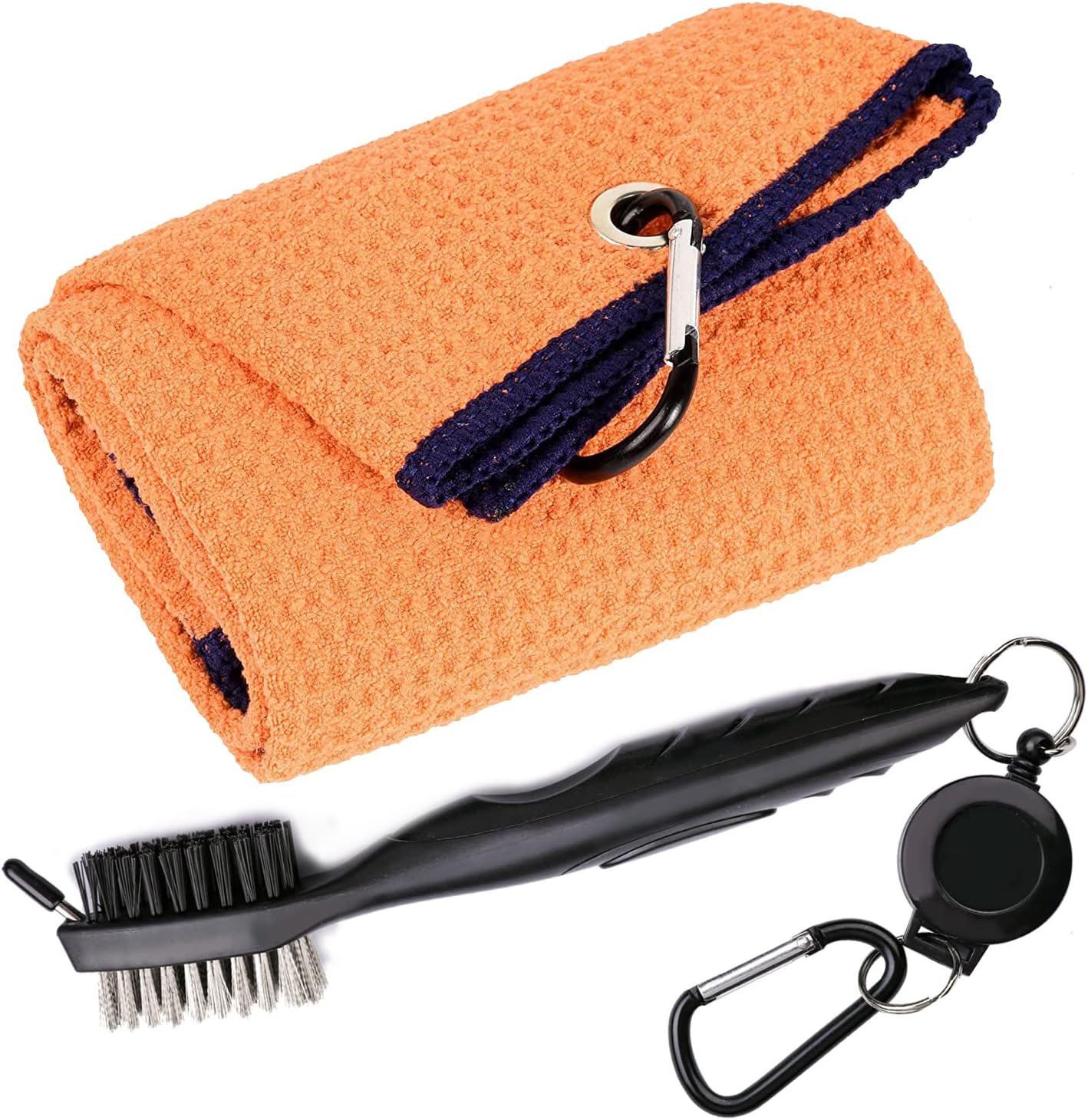 Golf Towels, Microfiber Waffle Pattern Tri-Fold Golf Towel - Brush Tool Kit with Club Groove Cleaner, with Clip Men Women Golf Gifts (Orange Towel+Black Brush) - Black image number 5
