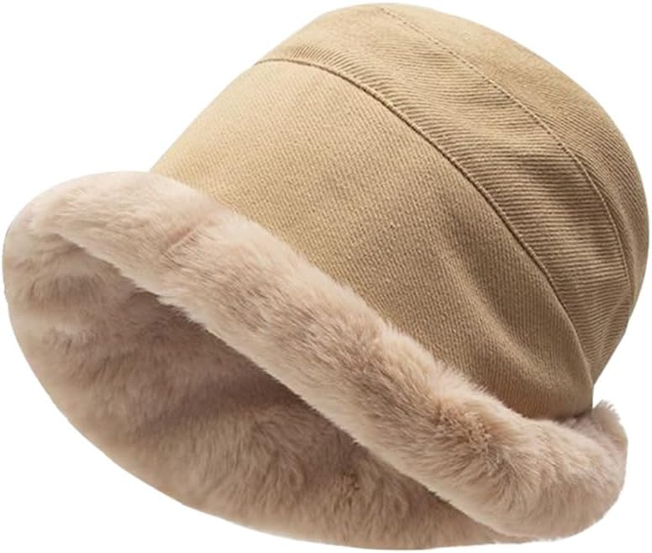 Plush Fuzzy Bucket Hat for Women Warm Fluffy Faux Fur Fisherman Cap Winter Ski Outdoor Windproof Warm Fleece Lining Hat