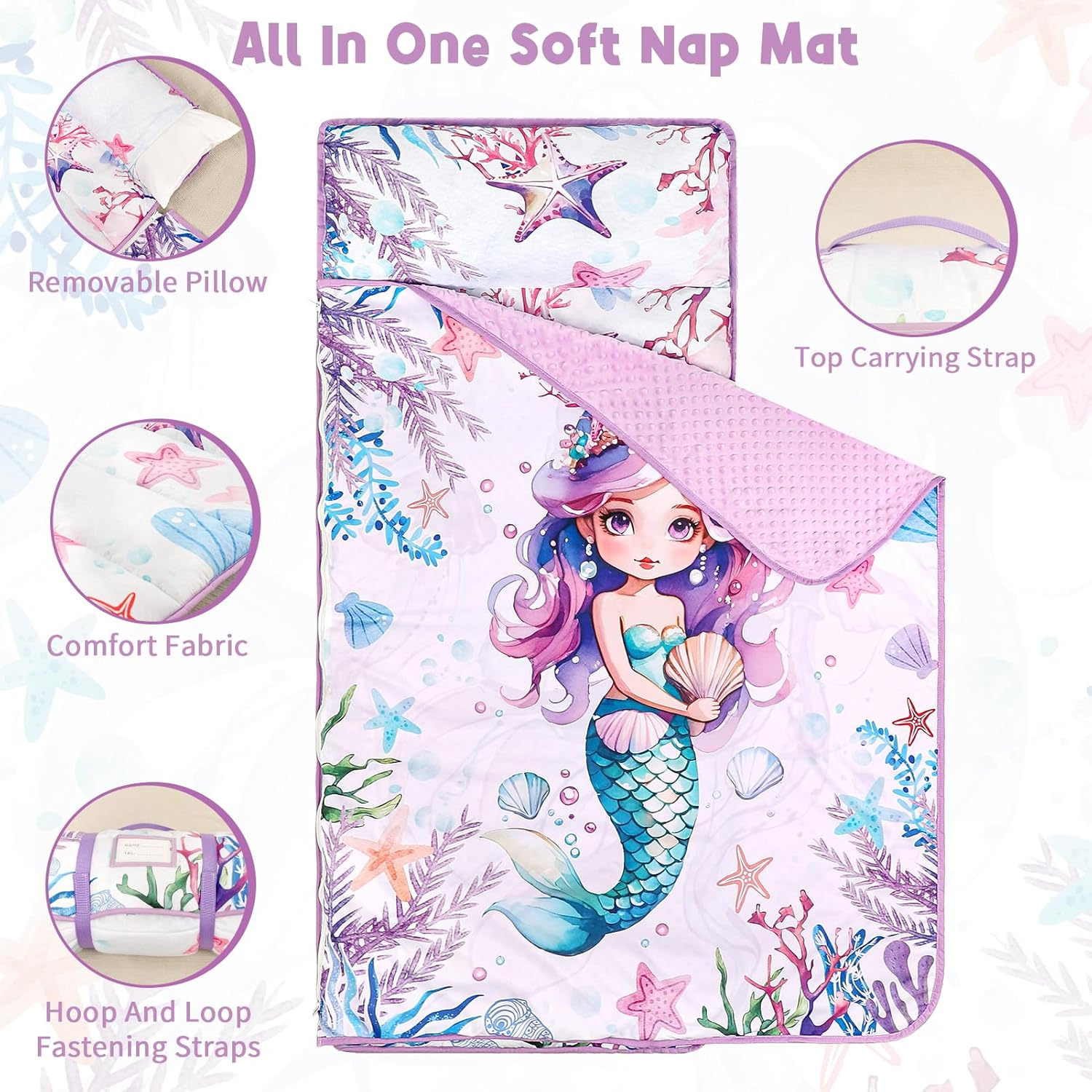 Toddler Nap Mat with Removable Pillow & Soft Minky Blanket, HNHUAMING Extra Large Rolled Napping Mats for Girls Boys, Kids Slumber Bags for Daycare, Preschool Travel Camping image number 4