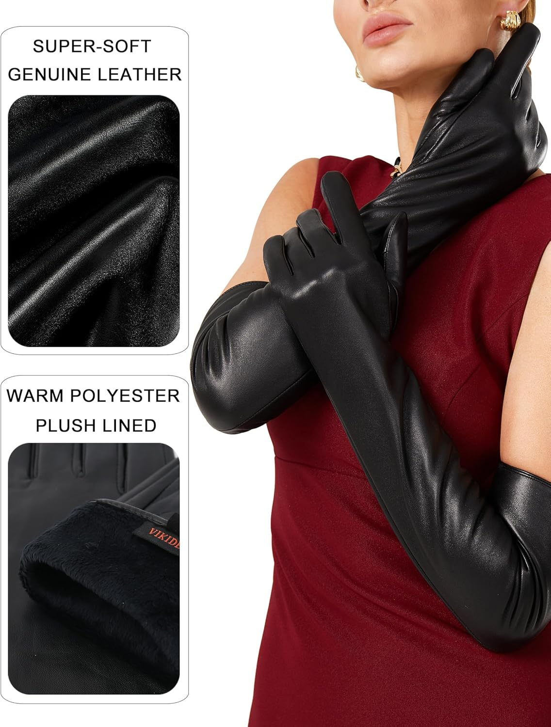 VIKIDEER Warm Soft Long Leather Gloves Women Plush Lined Full Touchscreen Luxury Gloves for Evening Opera Arty Costume 23.6''