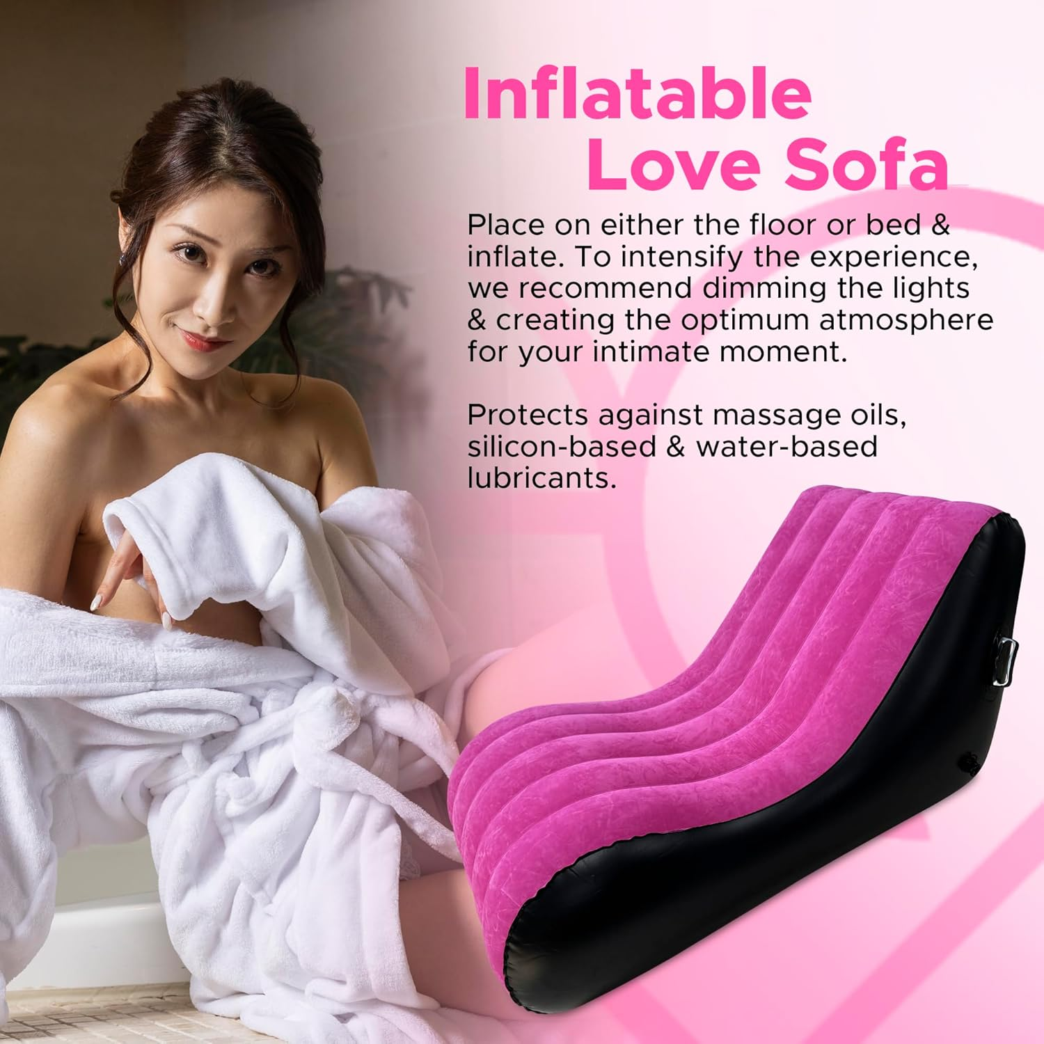 Pink Inflatable Love Sofa with Handles | Body Positioning for a Deeper and More Intimate Connection | Furniture for Couples | PVC and Cotton Flock Material | 140Cm X 70Cm X 36Cm - Black image number 2