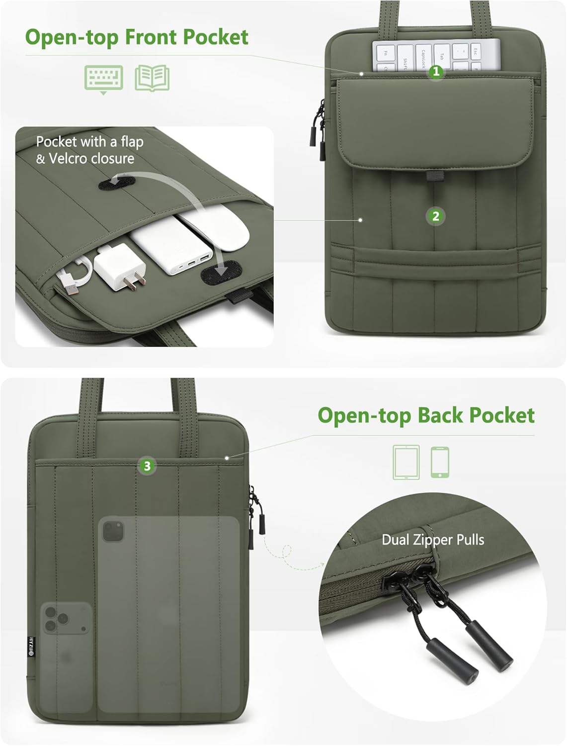 HYZUO 13.3-14 Inch Puffy Laptop Sleeve Padded Handbag for 13"-14" Macbook Pro/Air, 13" 13.3" Dell/Hp/Lenovo/Asus/Acer Notebook Chromebook, Women Slim Shoulder Bags Work Daily Bag, Midnight Green image number 4