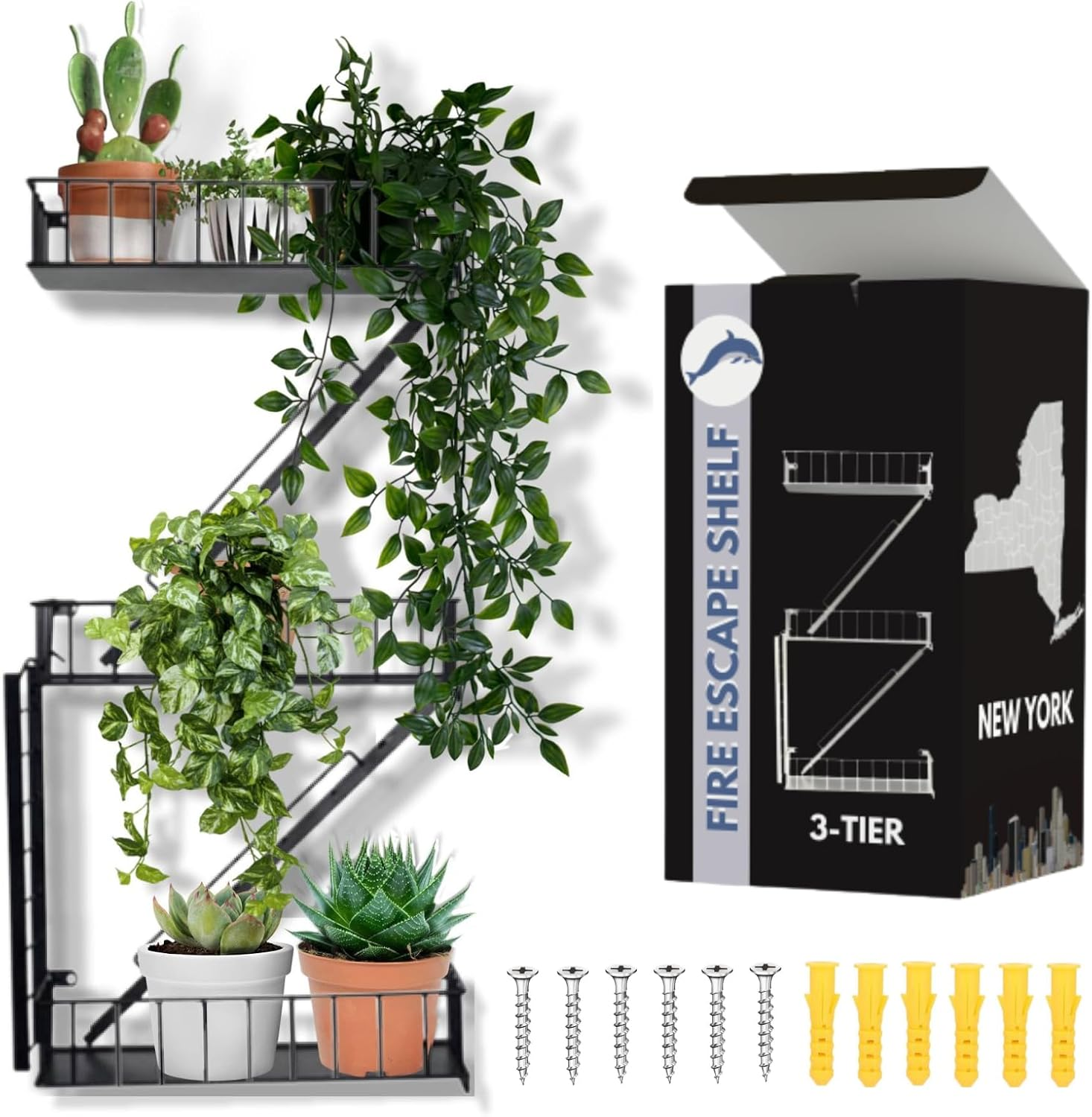 VERSATILE KAS 3-Tier Metal Fire Escape Wall Shelf | 76" Tall NYC Industrial Floating Shelves for Action Figures | Black Urban Display Ladder with 3.4 Capacity image number 5