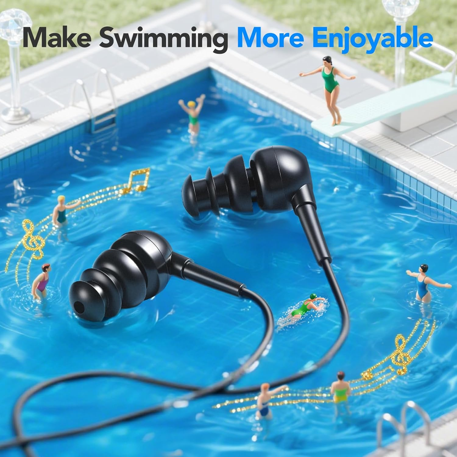 AGPTEK IPX8 Waterproof In-Ear Earphones, Coiled Cable Swimming Earbuds with Stereo Audio Extension Cable, Wired, Black image number 1