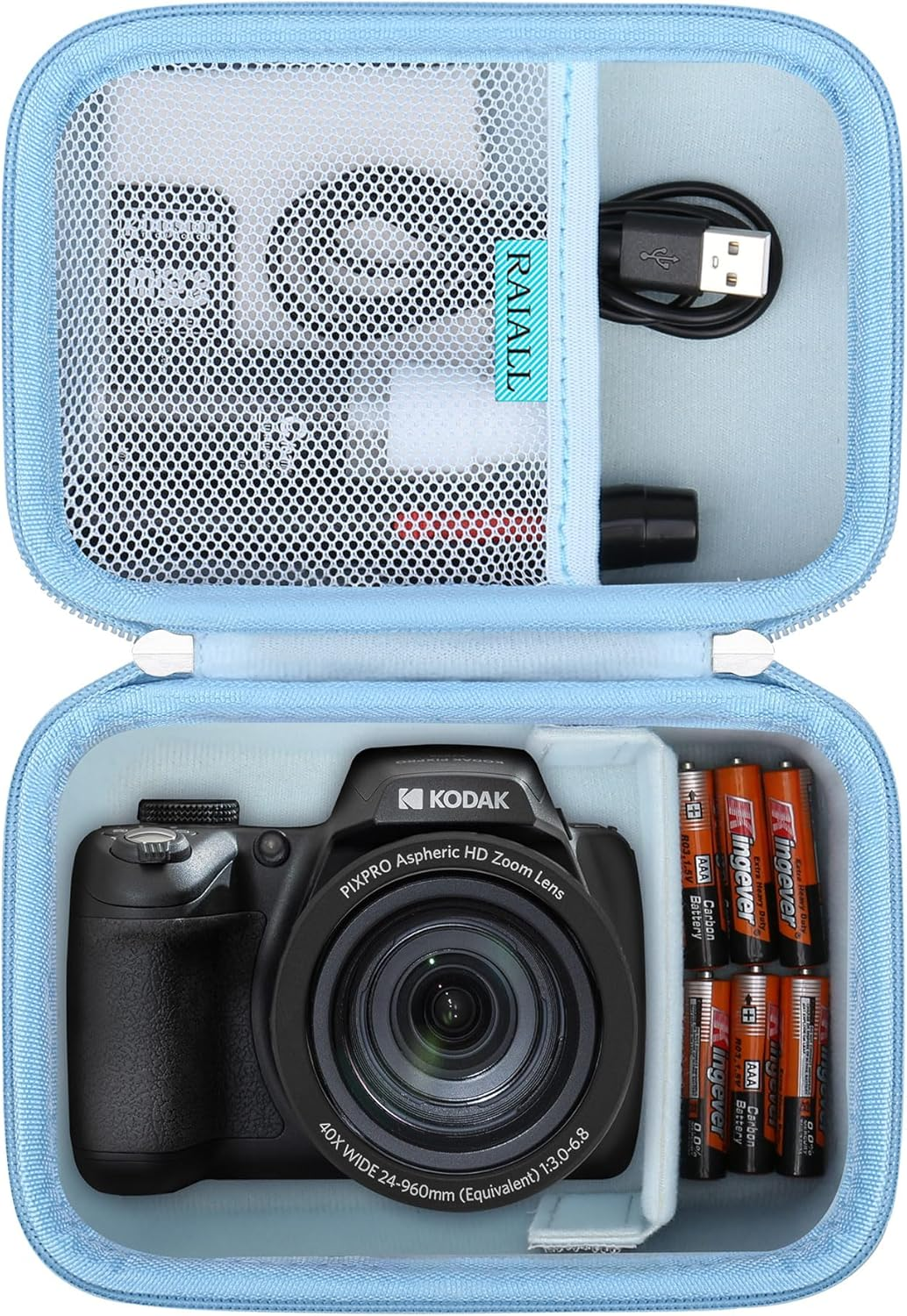 RAIALL Camera Case for Kodak PIXPRO AZ405/AZ425/AZ255/AZ401/AZ528 Digital Camera, Vlogging Camera Hard Carrying Case Protective Travel Bag, Mesh Pocket for Battery, SD Card and USB Cable, Black