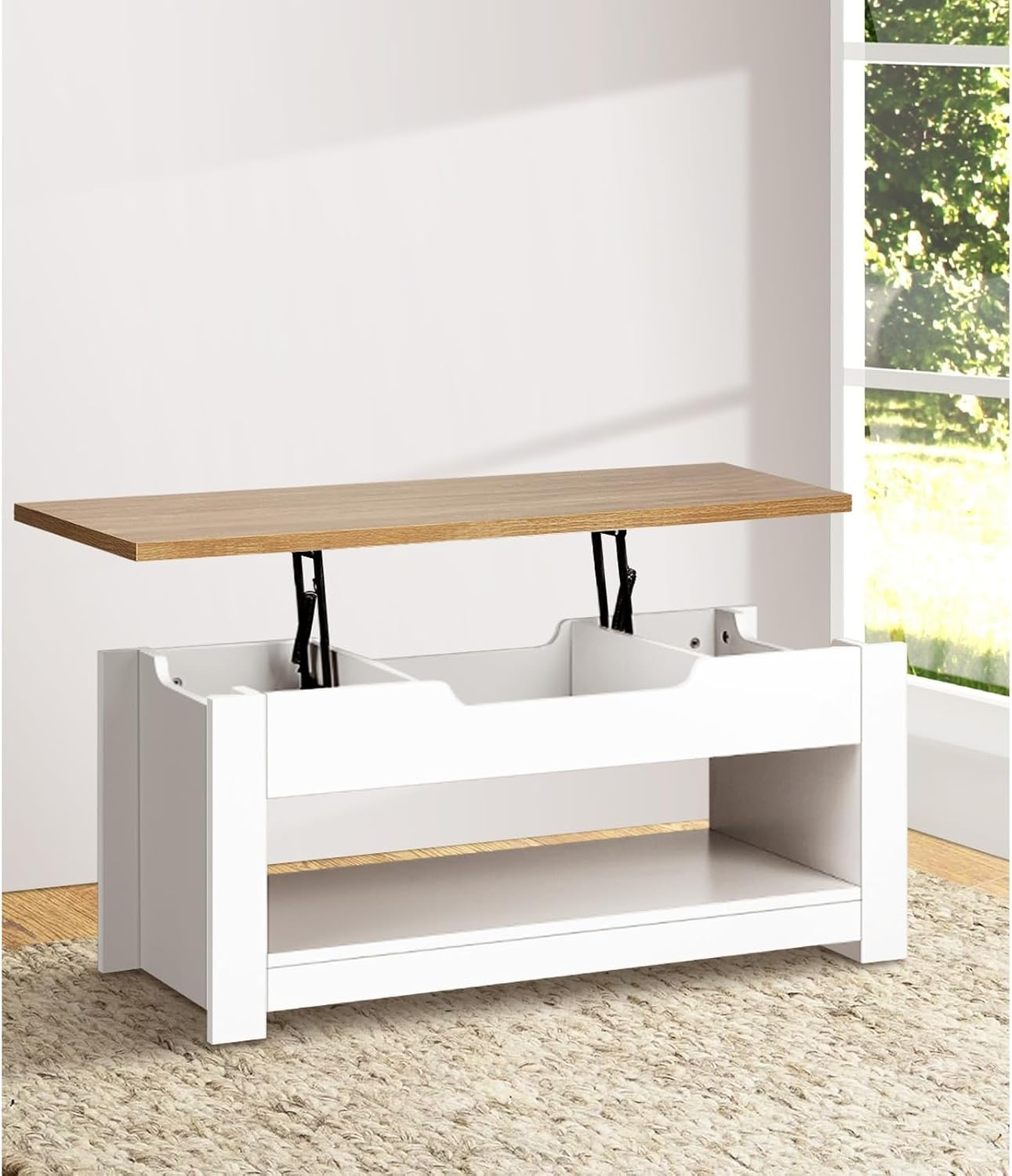 Oikiture Coffee Tables Lift up Top Wooden Convertible Hidden Book Storage Living Lounge Room Furniture Shelf Display,White and Natural Wood image number 6