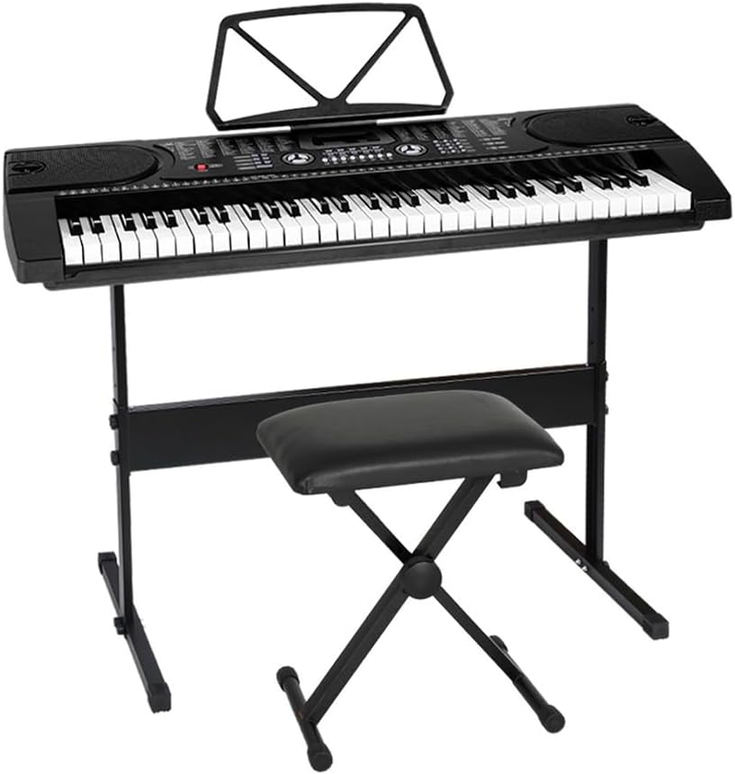 ALPHA 61 Keys Electronic Piano Keyboard Portable Digital Keyboard with Audio Input, Microphone Input, Headphone Output, Tones Rhythms LED Electric Holder Music Stand Adaptor Power Black
