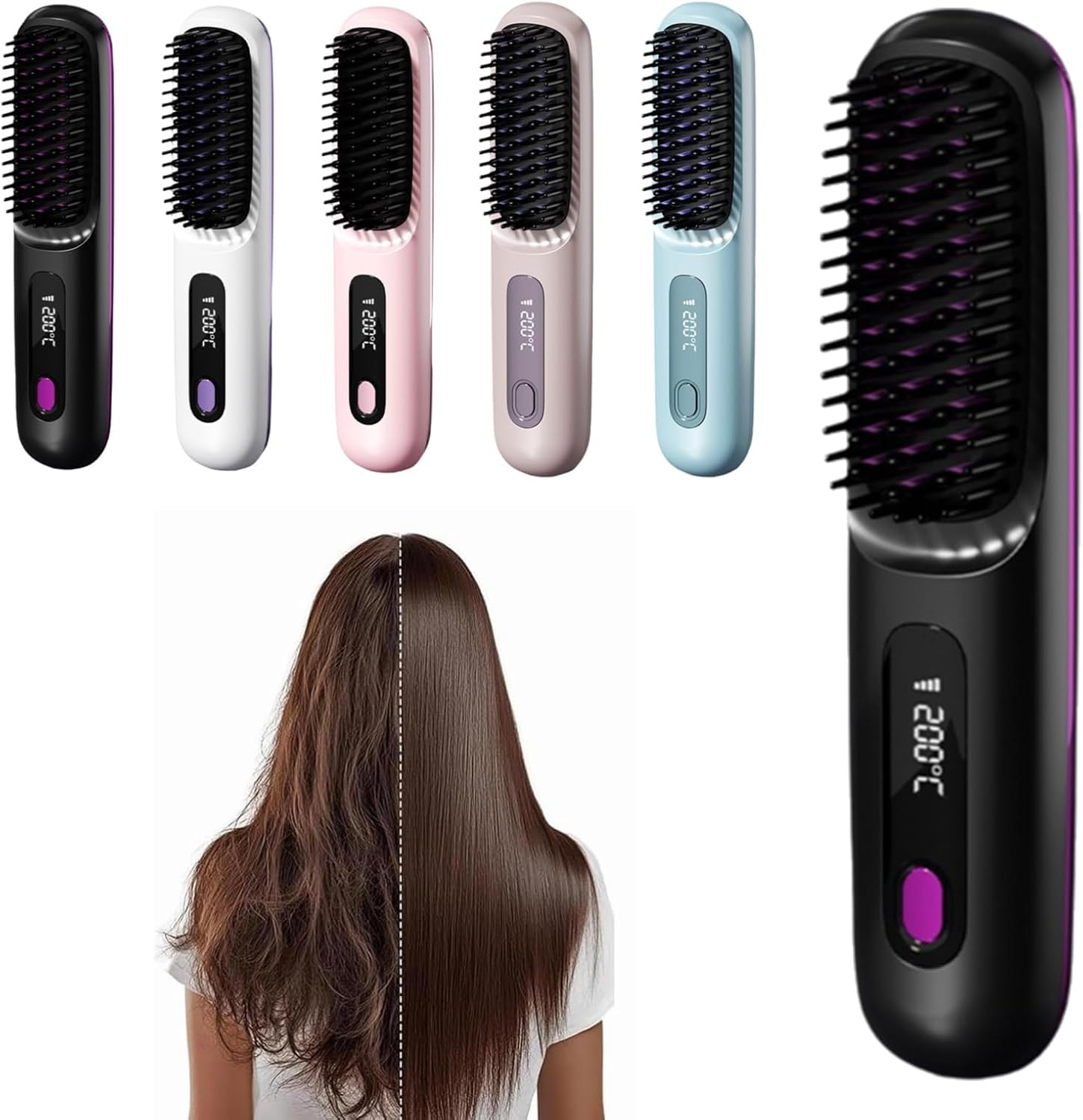 2026 New Brush Pro, Portable Straightener Brush for Travel, with LCD Temperature Display, Fast Heating Cordless Mini Hair Brushs (Black)