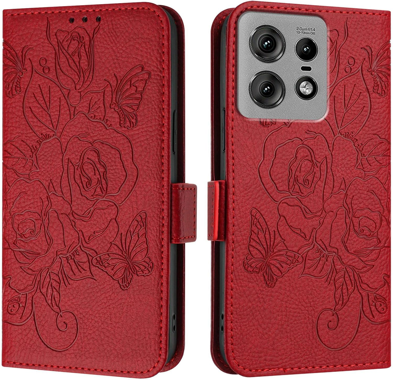 IMEIKONST Mobile Phone Case for Motorola Moto Edge 50 Neo 5G Case, Protective Leather Case Stand Wallet Card Slot RFID Blocking Shockproof Mobile Phone Case for Moto Edge 50 Neo 5G. Red Flowers YBH