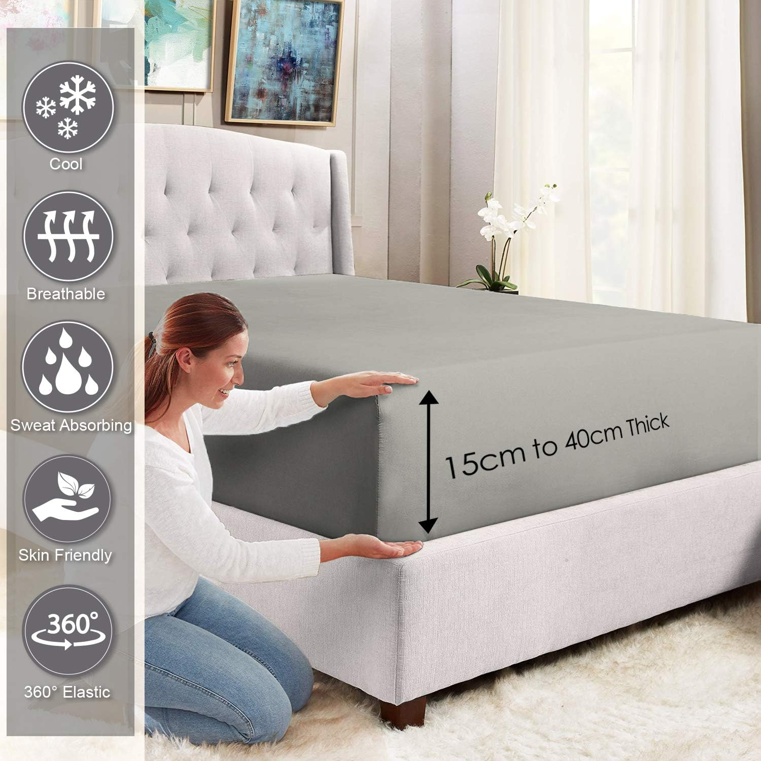 Pizuna Cotton Super King Fitted Sheet, 500 Thread Count 100% Combed Cotton Sateen Weave Superking Fitted Sheet with Extra Deep Pocket Fits Upto 40 Cm (Antique Silver Fitted Sheet - 1 PC) image number 3