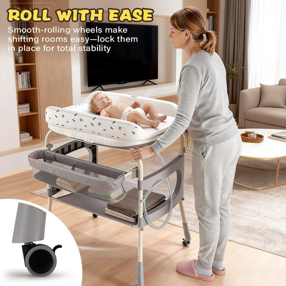Playpals 2-In-1 Baby Change Table & Baby Bathtub, Adjustable Height Changing Station with Storage Basket & Safety Belt, Mobile Nursery Diaper Changing Table for Baby, Newborn (Grey) image number 1