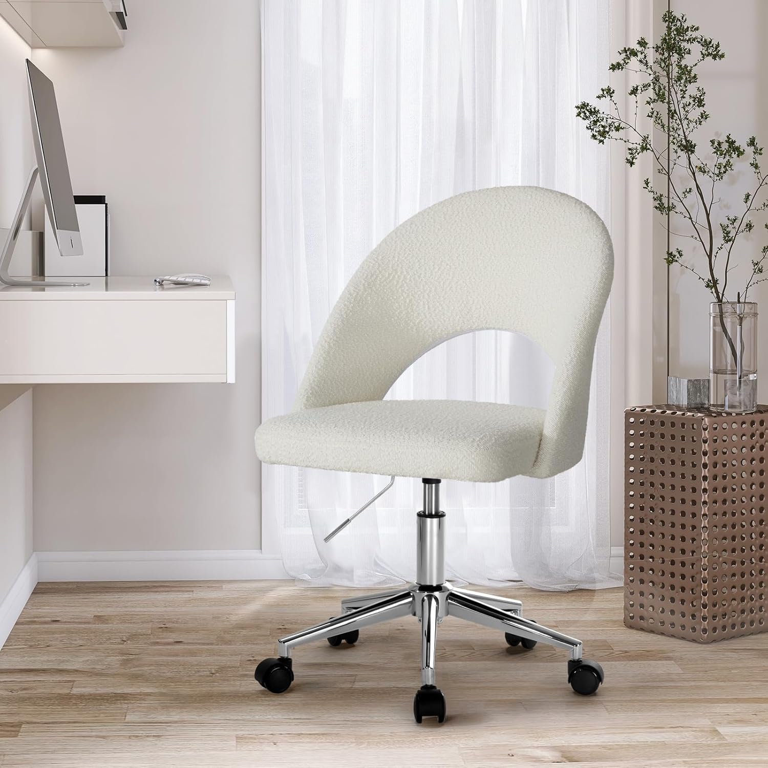 Oikiture Office Desk Chair with Boucle Cover Armless Home Office Chair for Home Office Bedroom White and Gold
