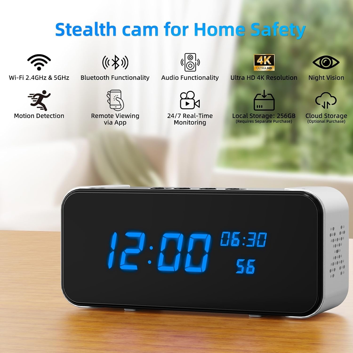 Tccbac Clock 4K HD, Wifi Wireless Indoor Security Camera with Bluetooth Speaker and Motion Detection | 150&deg; View Angle, Night Vision, Na/Nny Cam for Home/Office Surveillance image number 4