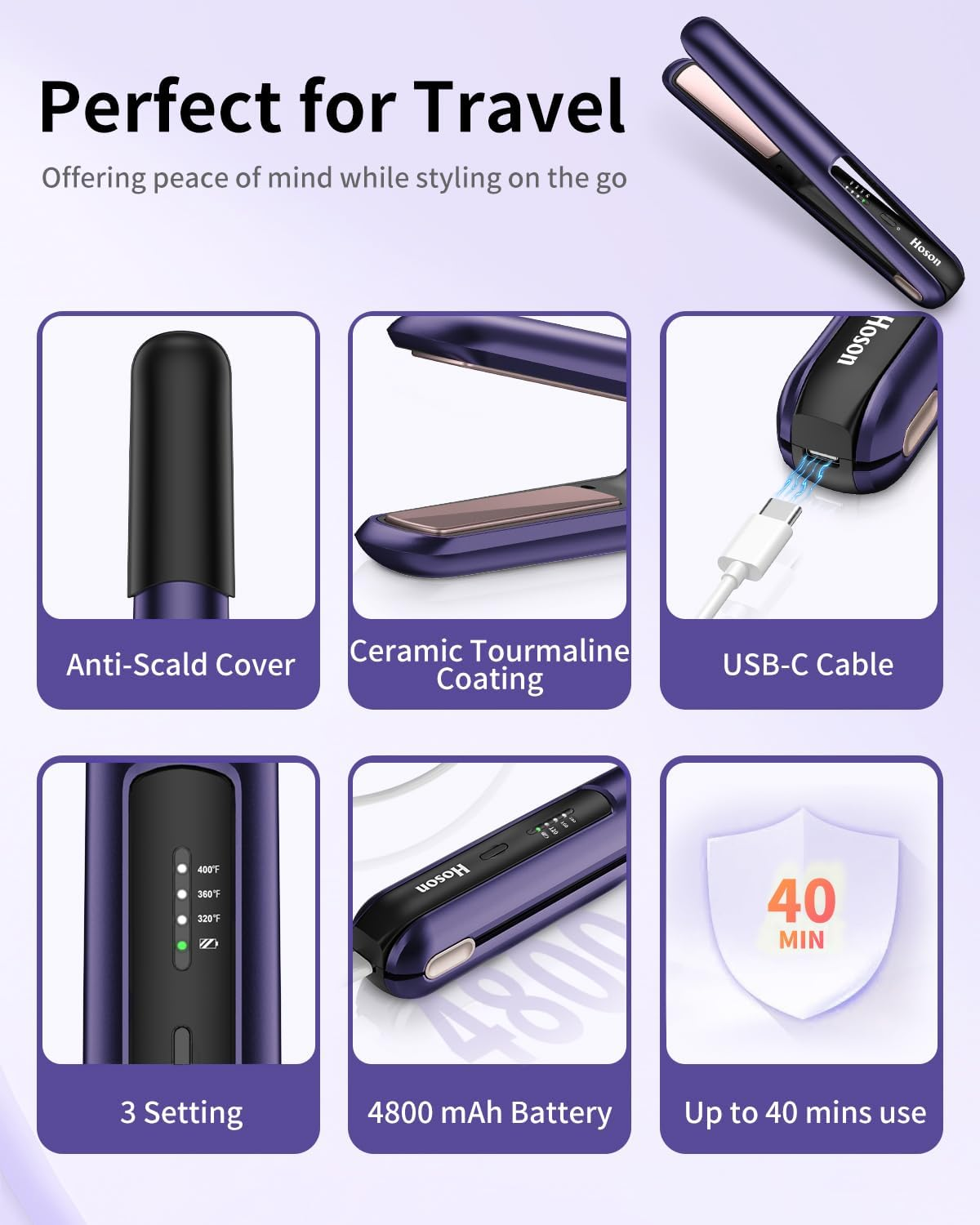 Hoson Cordless Hair Straightener,Portable Mini Flat Iron Travel for Bangs,Short Hair,Usb-C Rechargeable Wireless Curling Iron and Curler 2 in 1,Purple,For Touch Ups - Hot Pink image number 7