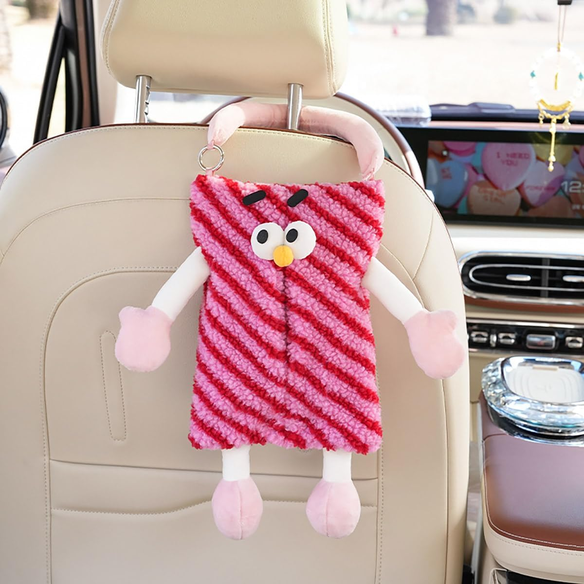 AIMALL Cute Monster Stripe Plaid Car Tissue Holder, Plush Backseat Hanging Dispenser, Car Accessories Storage Solution
