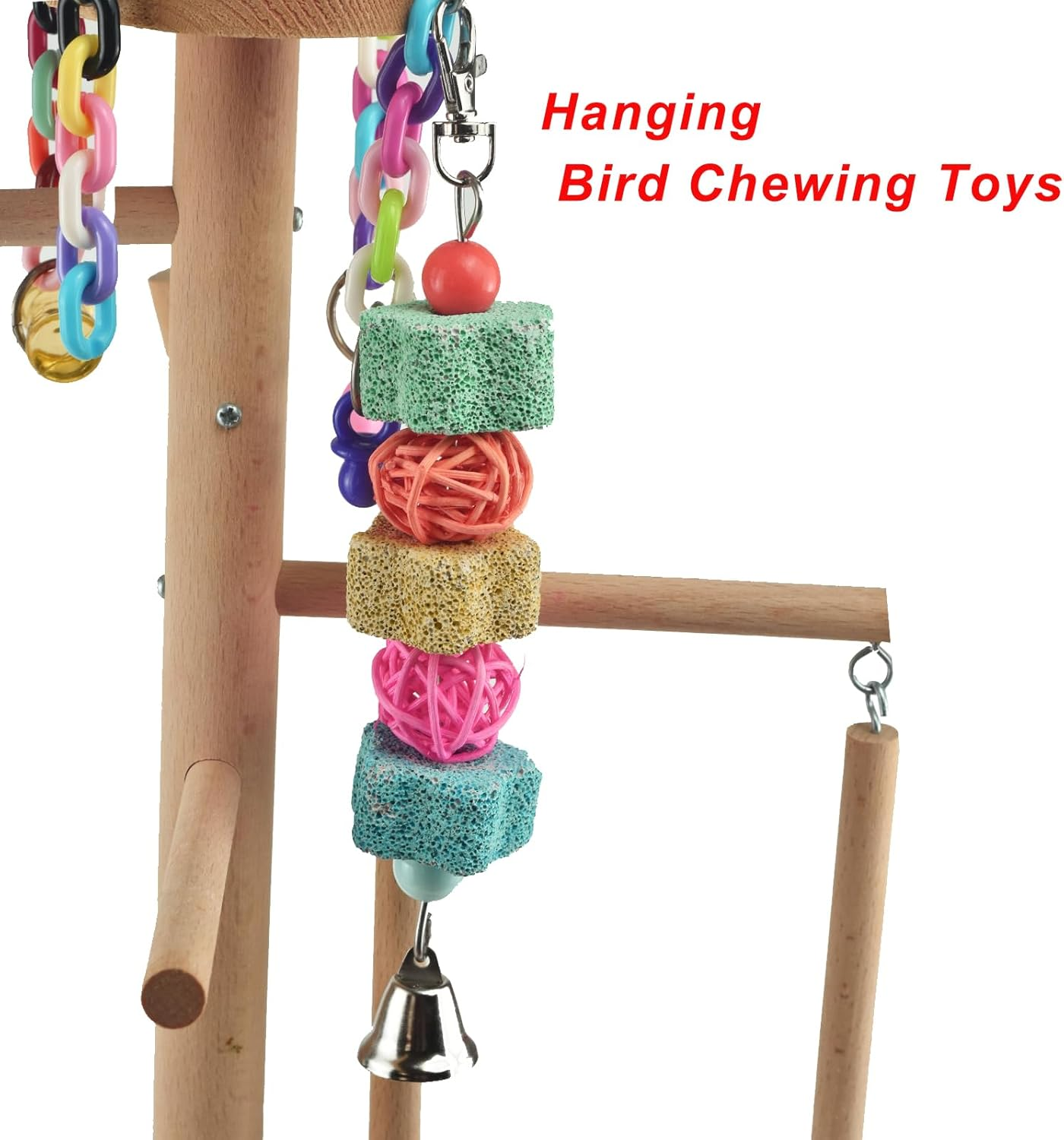 2 Pack Parakeets Parrot Chewing Toy, Bird Beak Grinding Stone Lava Calcium Blocks, Hanging Bird Cage Nail Trimmer with Bell Rattan Balls for Small Parrots Cockatiel Budgies Lovebirds Rats Chinchilla image number 3