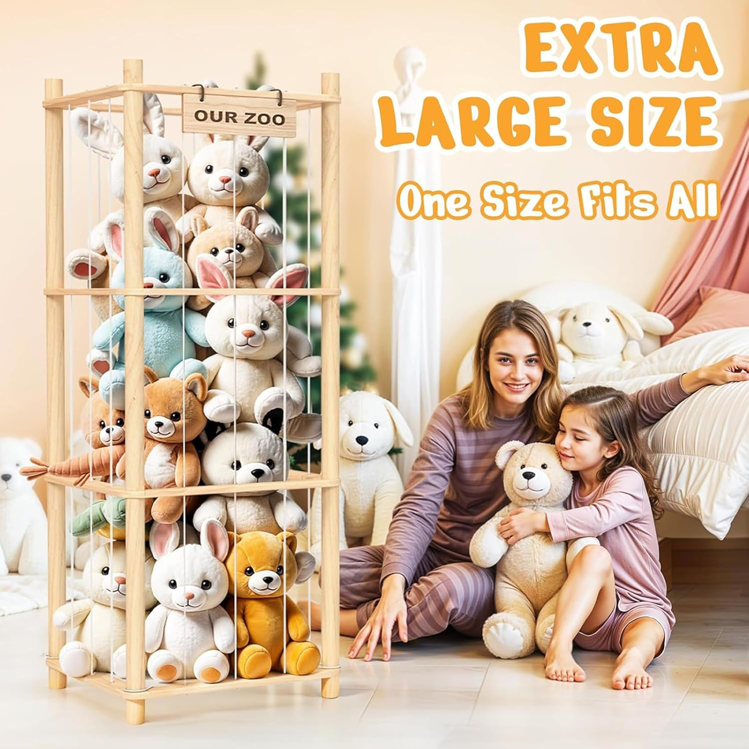 Stuffed Animal Organizer with Elastic Band, Zoo Plush Toy Storage Holder for Nursery, Toddler Room, Playroom, Bedroom, Wooden 40 * 40 * 136Cm image number 5