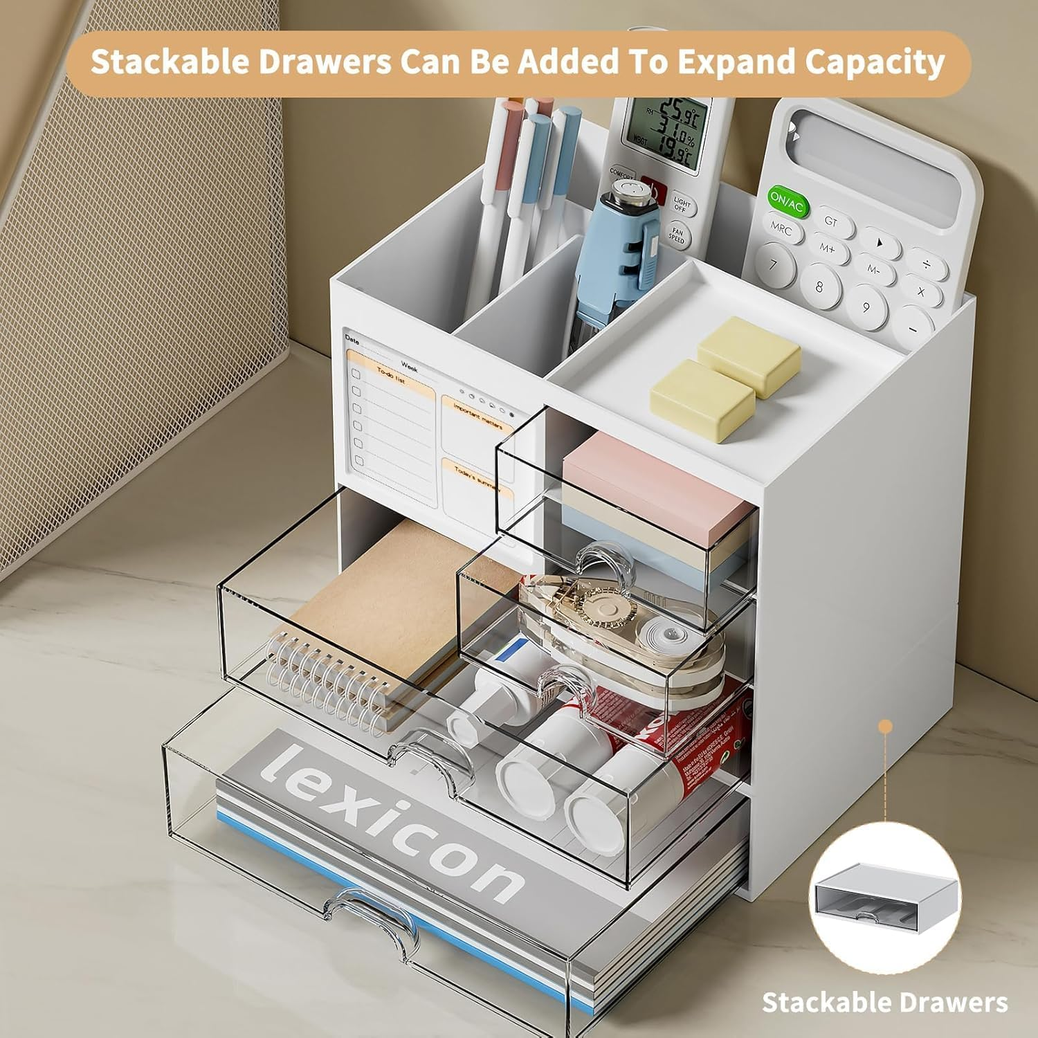 Ywlake Desk Organizer with 3 Drawer, Multi-Functional Pencil Pen Holder for Desk, Desk Organizers and Storage with 5 Compartments, Desktop Organizer for Office Home Art Supplies (White)