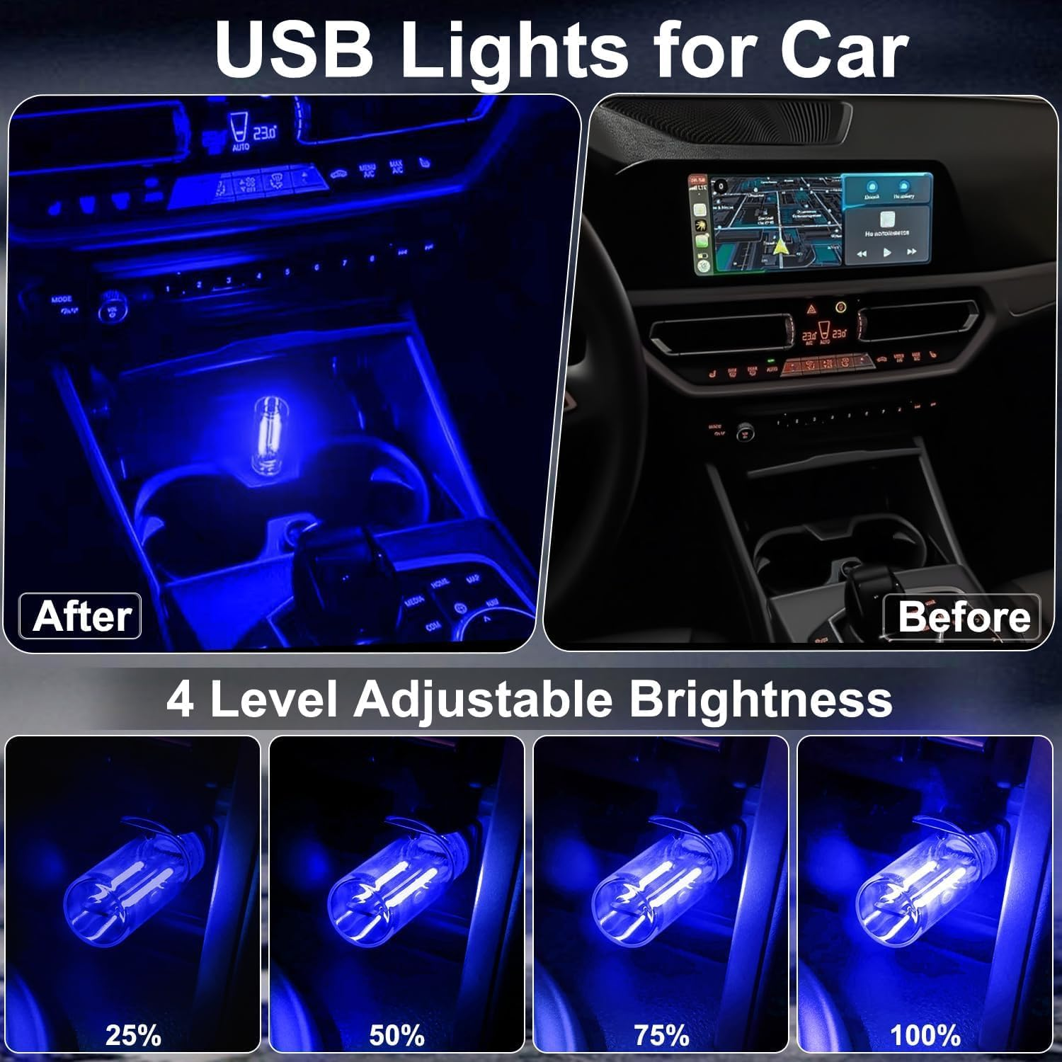 2 Pack USB Car Ambient Lights - Retro Touch Dimmable LED Atmosphere Lamps for Vehicle Interior, Portable Mini Glass Bottle Night Lights for Bedroom, Camping & Holiday Decor (Blue) image number 2