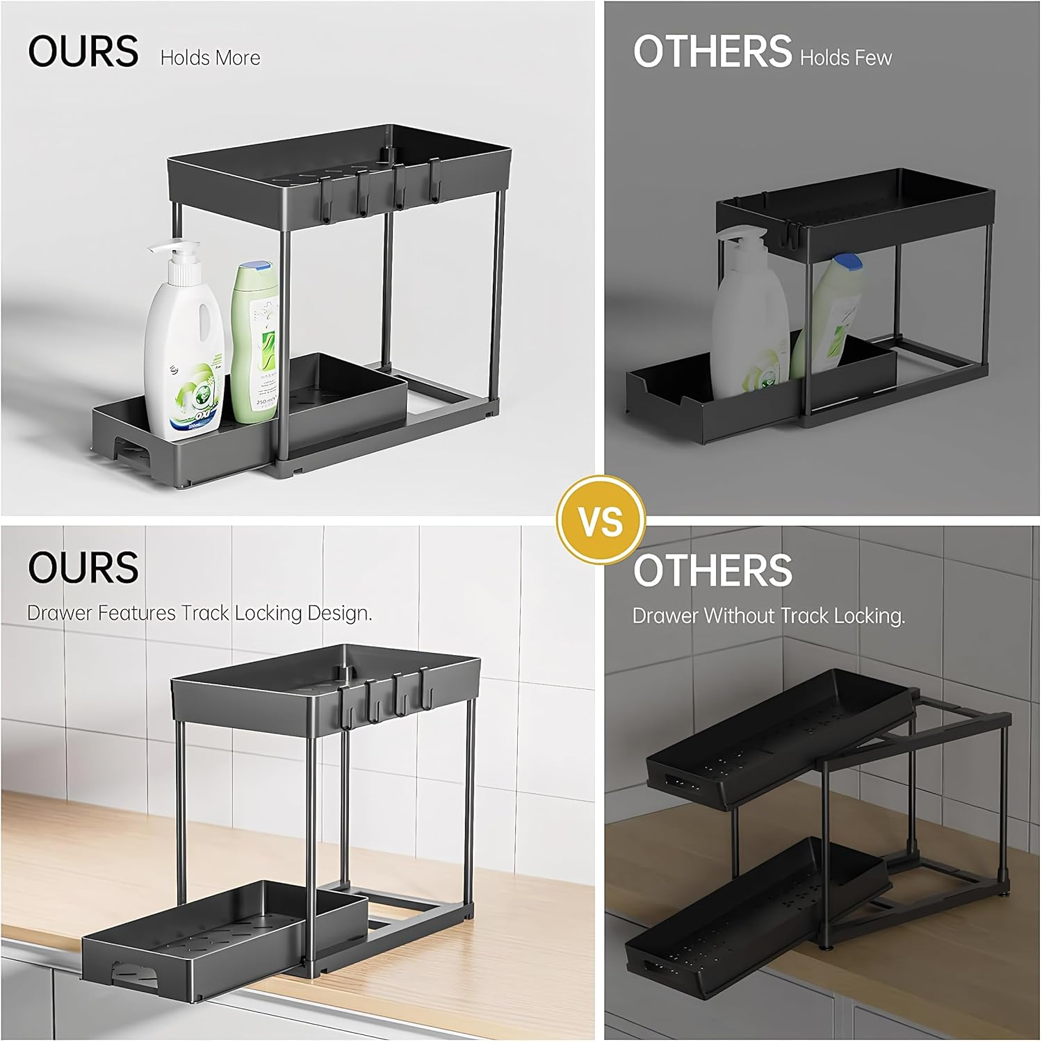 Kintiva 2 Pack under Sink Organiser, 2 Tier Sliding Storage Rack for Kitchen Bathroom Cabinet (Black) - Black image number 4