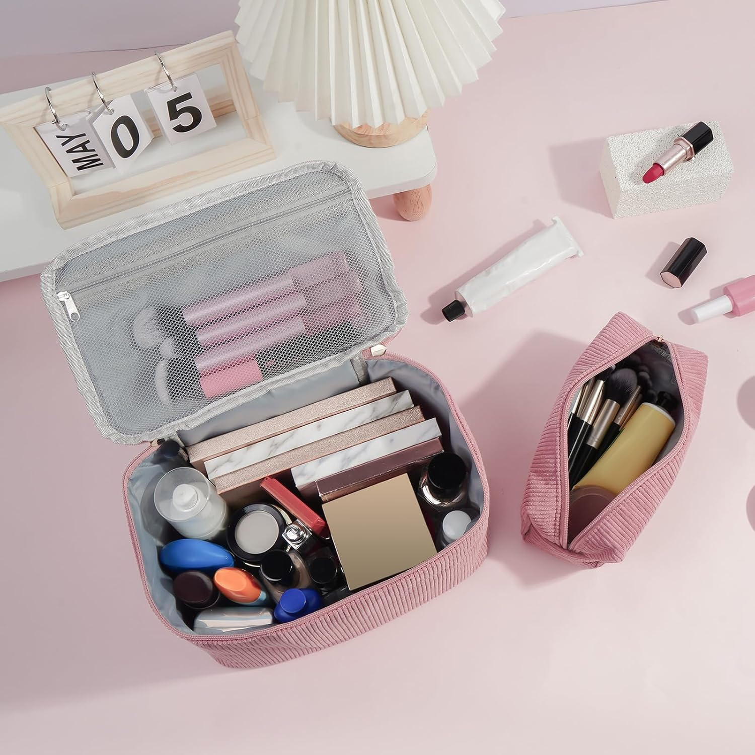 MAGEFY 2Pcs Makeup Bag,Cosmetic Bag Large Capacity with Handle Small Makeup Bag for Purse, Travel Makeup Pouch for Women (Pink) image number 6