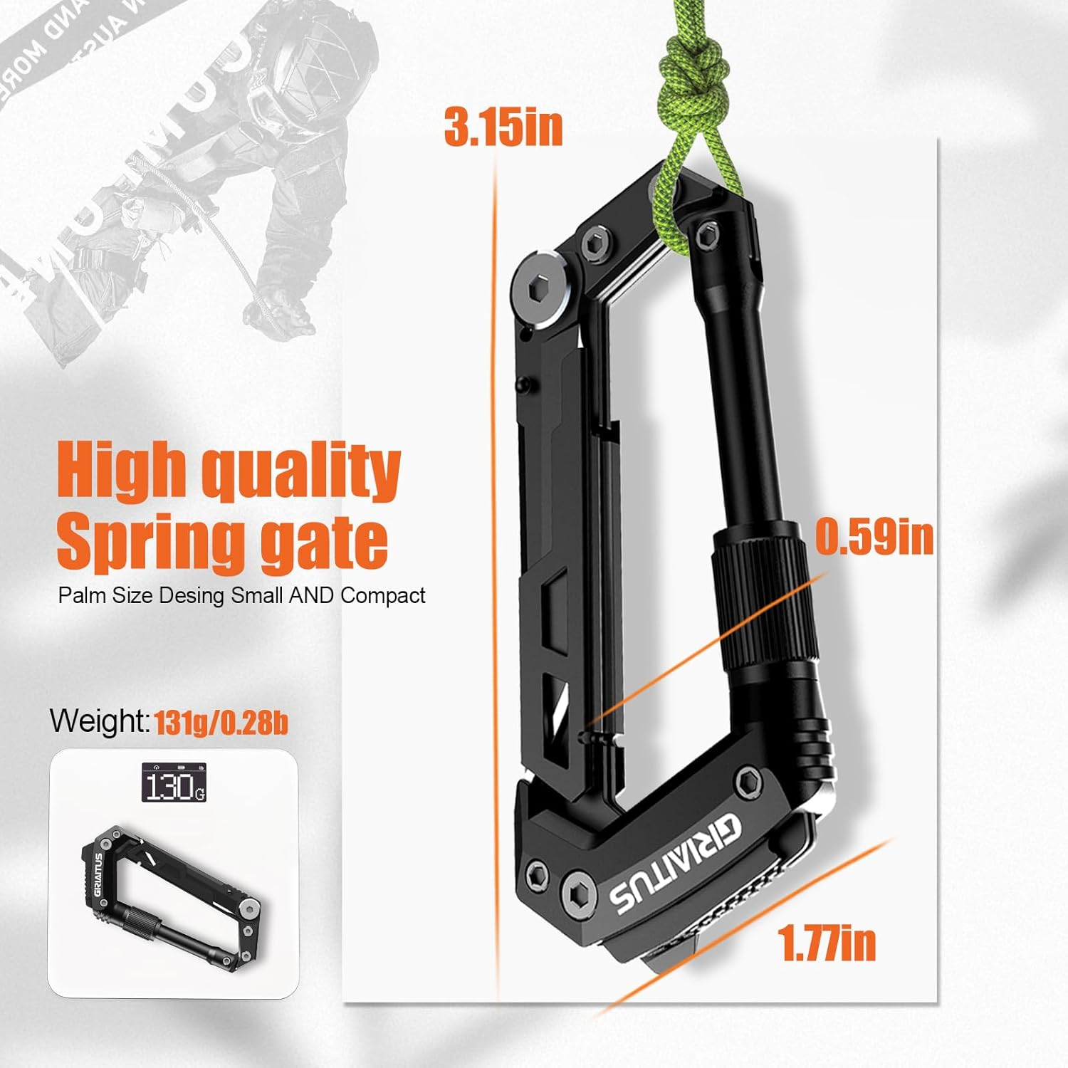 Carabiner Multitool 8-In-1 EDC Carabiners Pocket Knife, Serrated Knife, Rope Cutter, Screwdriver, Can Bottle Opener, Ruler, Survival Gear for Camping Climbing, Gifts for Men