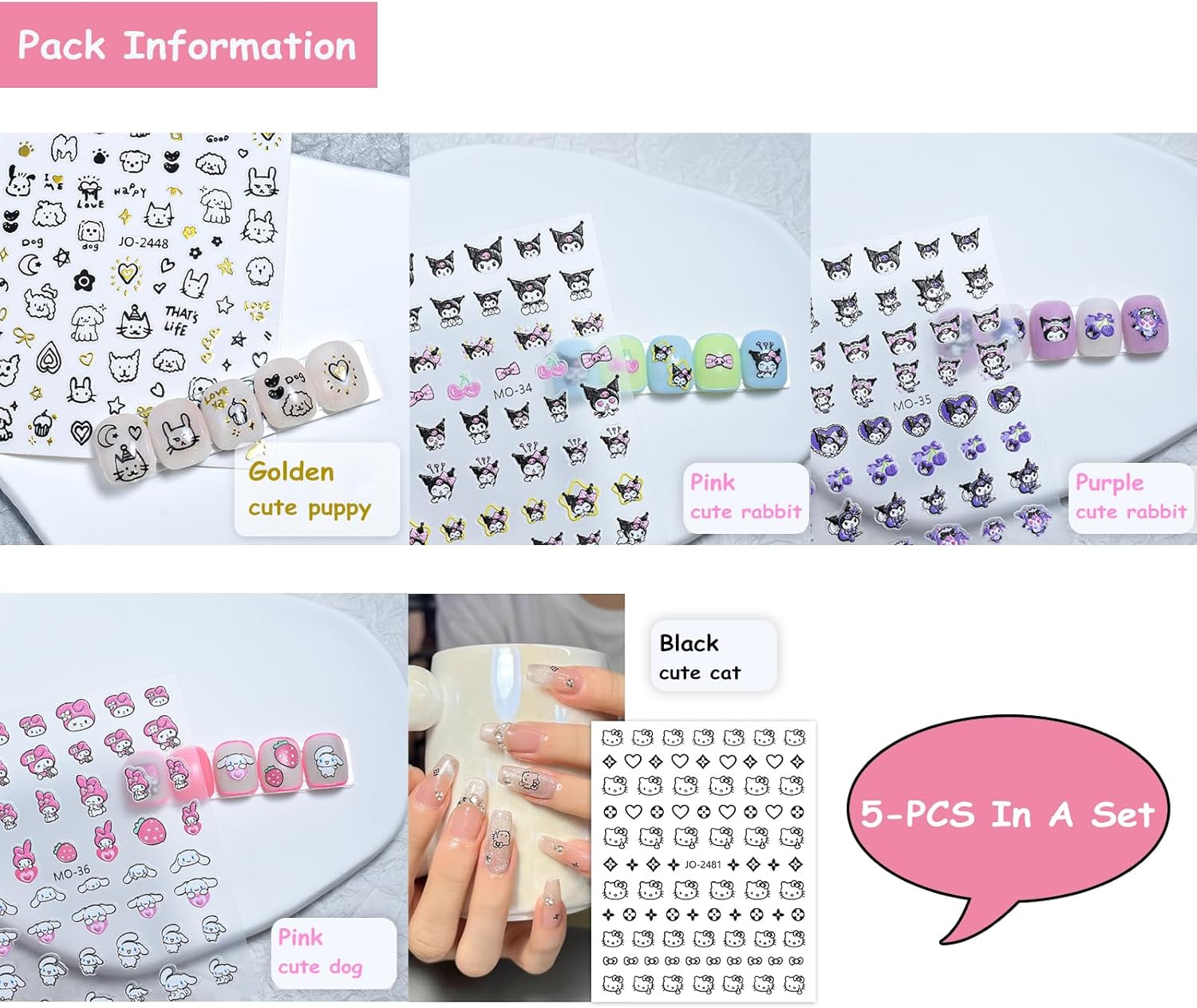 5 Sheets Animal Nail Art Stickers,Cute DIY Nail Art Decoration Set,Purr-Fectly Adorable Stickers Decals,False Nail Manicure Decals,Kawaii Phone Case/Water Cup Stickers for Women - Butterfly image number 3
